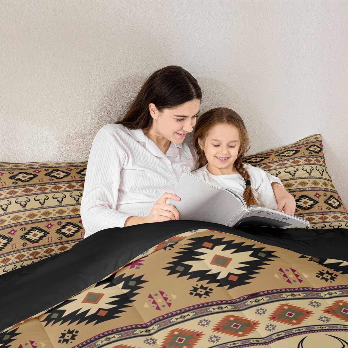Feelyou Kids Western Bull Skull Comforter King Size, Southwestern Aztec Comforter Set Men Women Boho Tribal Bedding Set Ethnic Bohemian Rustic Country Teens Duvet Set Bedroom Decor 3Pcs