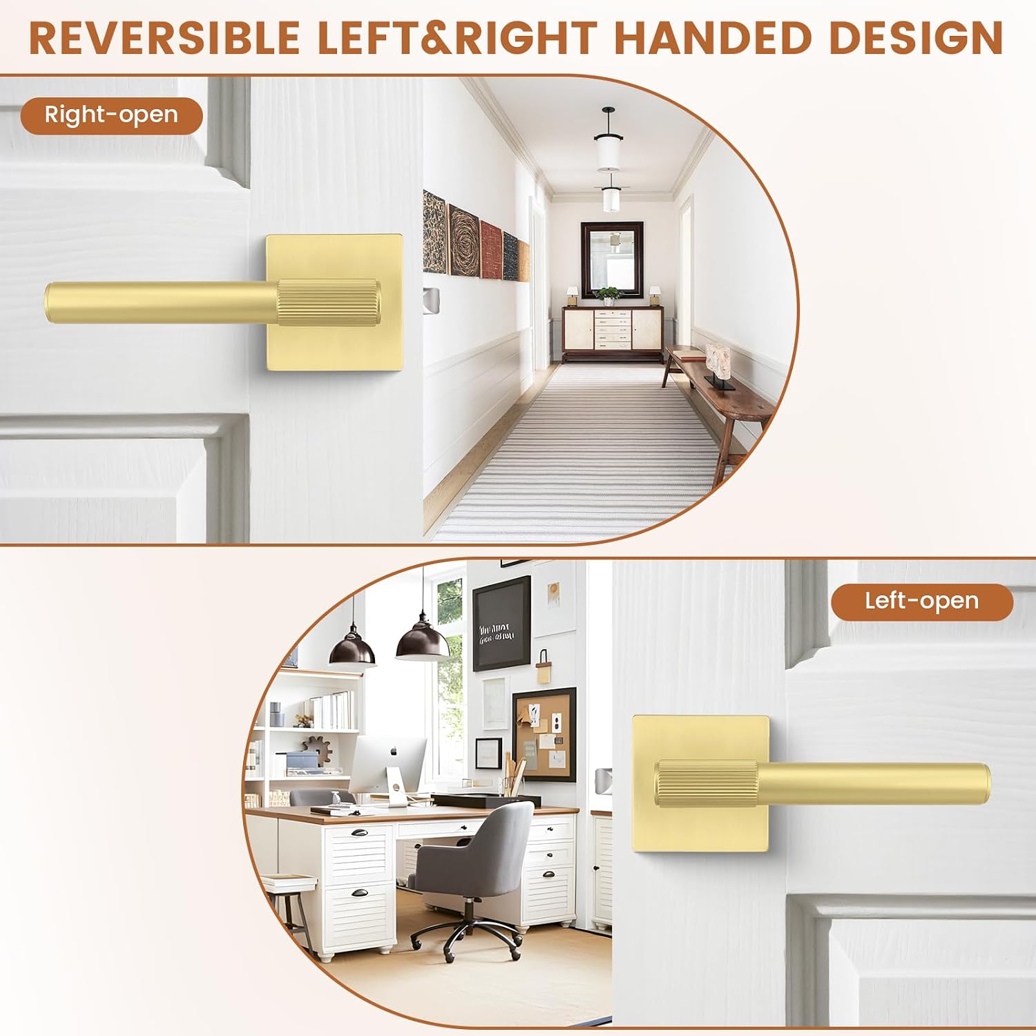 Probrico 2 Pack Brushed Gold Knurled Door Lock, Closet Door Knob, Square Interior Door Handle Set, Heavy Duty Passage Door Handle with Revsersible Lever for Closet and Hallway