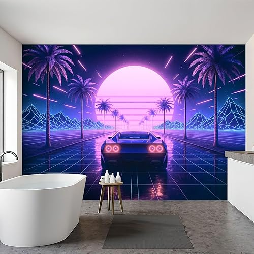 Miniatura 6 de Wall Mural Peel & Stick 80s Retro 3D car neon Abstract Space Self-Adhesive Wallpaper Removable Wall Decal Wall Sticker Home Decor for Living Room