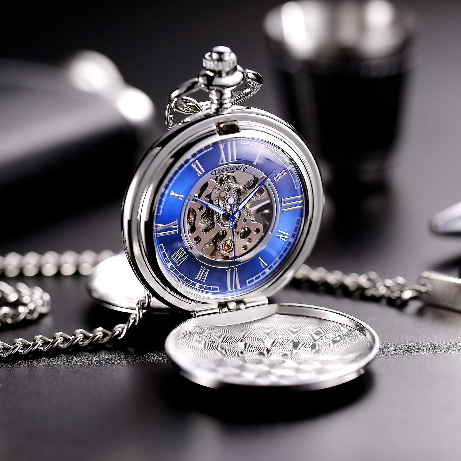 TREEWETO Pocket Watch - Smooth Double Case Series Skeleton Dial Delicate Mechanical Movement with Chain, Gold/Silver