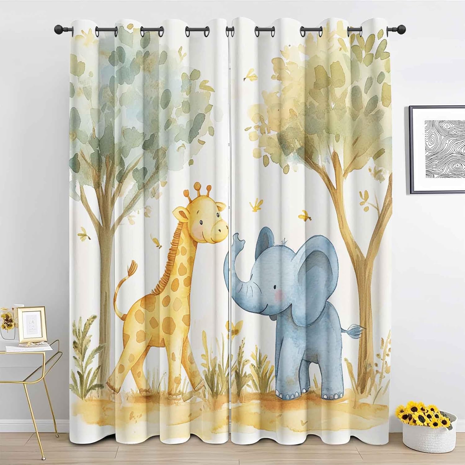 Elephant Giraffe Curtains for Nursery Bedroom 84 Inch Length 2 Panels, Cute Forest Animals Kids Blackout Curtains, Thermal Insulated Grommet Window Curtain for Living Room Drapes