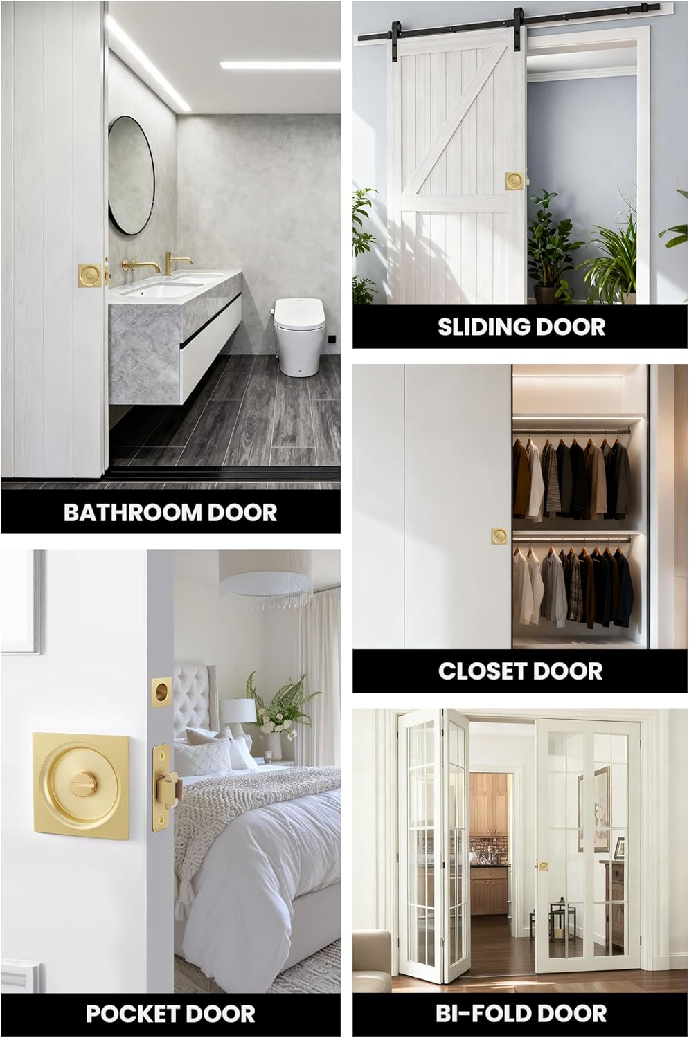 Goldenwarm Brushed Gold Pocket Door Lock with Pull, Square Pocket Door Hardware 2-3/4" Backset, Gold Pocket Door Handles 1 Pack