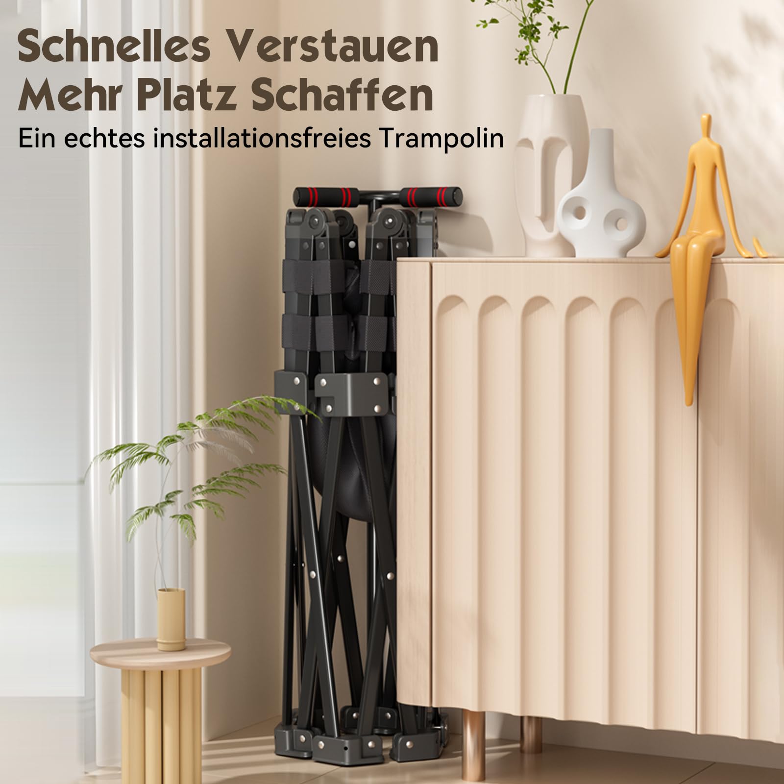 Fitness Trampolin Indoor Klappbar mit Verstellbarem Griff – Stabiler und Leiser Rebounder für Kinder und Erwachsene, Statische Belastungsgrenze 600kg, 106cm Diameter, 113cm Hoch