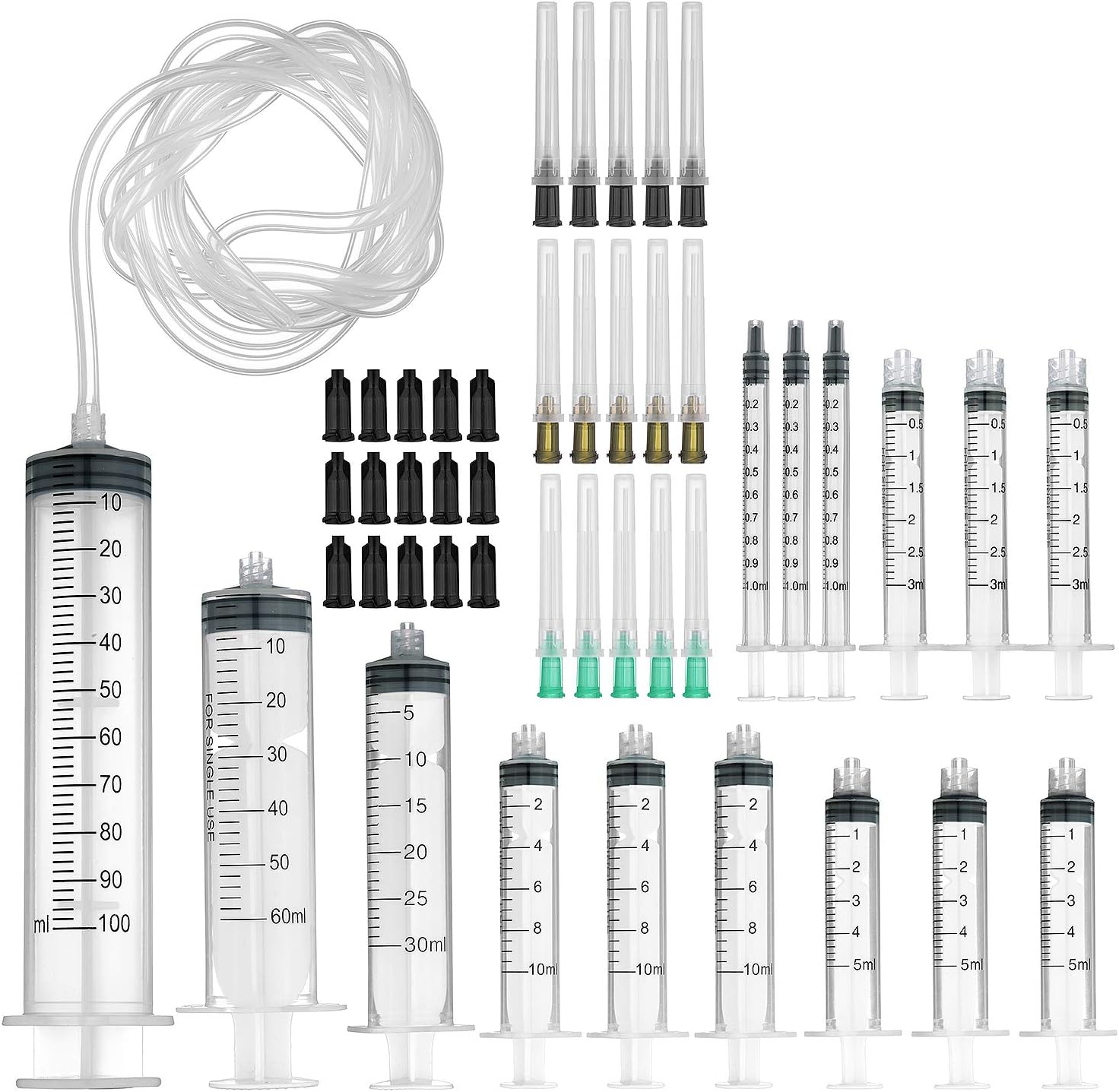 Syringe with Blunt Tip Needle and Silicone tubing -100ml, 60ml, 30ml, 10ml, 5ml, 3ml, 1ml Syringes with 1.5in Blunt Needles 14ga 16ga 18ga - Great for Refilling and Measuring E-Liquids, E-cigs, E-jui
