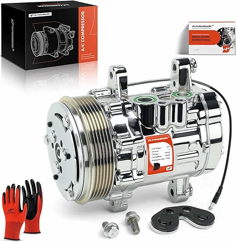 A-Premium Ajuste para Sanden SD-7 Mini 6PK Estilo, Compresor Universal AC con embrague, correa serpentina de 6 ranuras, carcasa de aluminio cromado