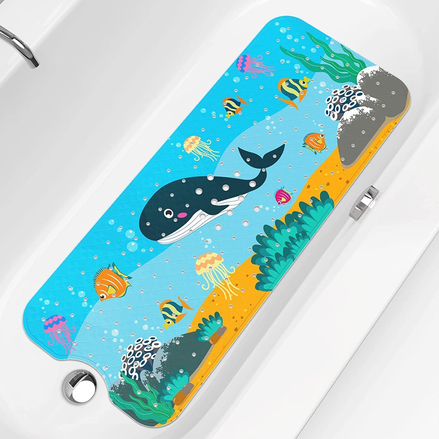 BLSD Kids Bath Mat - Non Slip Bathtub Mat 40 X 16 Inch Large Size Cartoon Patterned Bath Tub Shower Mat Anti Slip with Suction Cups & Drain Holes for Bathroom Floor (Whale)