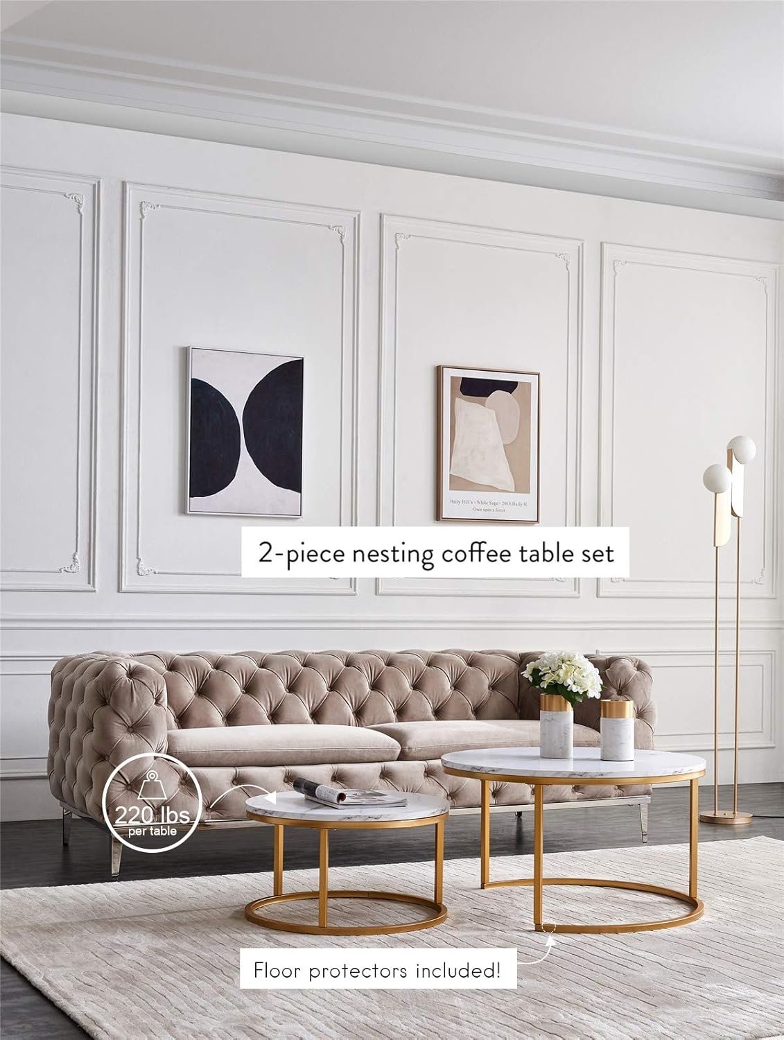 Modern Nesting Coffee Tables Set for Living Room, Office, Balcony, Modern Round Wood Accent Coffee Table MDF Faux Marble Tabletop w/Gold Color Frame, Easy Assembly- Set of 2 (Gold) : Home & Kitchen