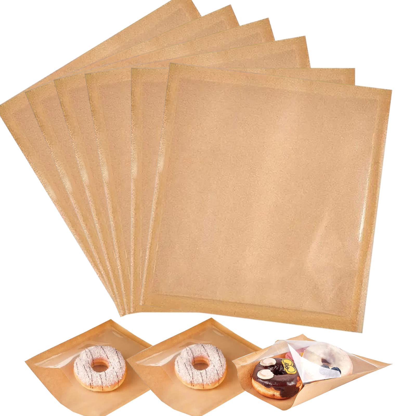 200PCS Bakery Bags with Window, 7.9 * 7.5 Inch Visible Bakery Bags with Clear Round Sealing Stickers, Kraft Paper Donut Bags to Go for Bakery Cookies, Treats, Snacks, Sandwiches - Brown