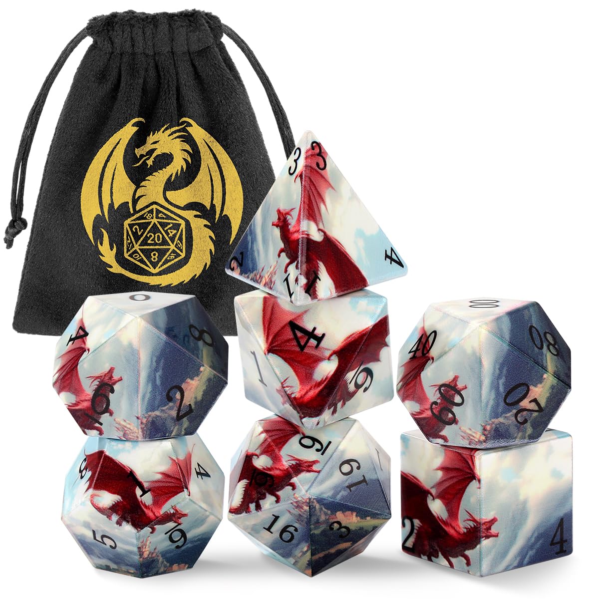 DND Dice Set, Dragon Theme Dice Set, UV Printed, Resin Material, DND Starter Set, 7pcs Polyhedral Dice Set with Dice Bag, Role Playing Board Games Accessories
