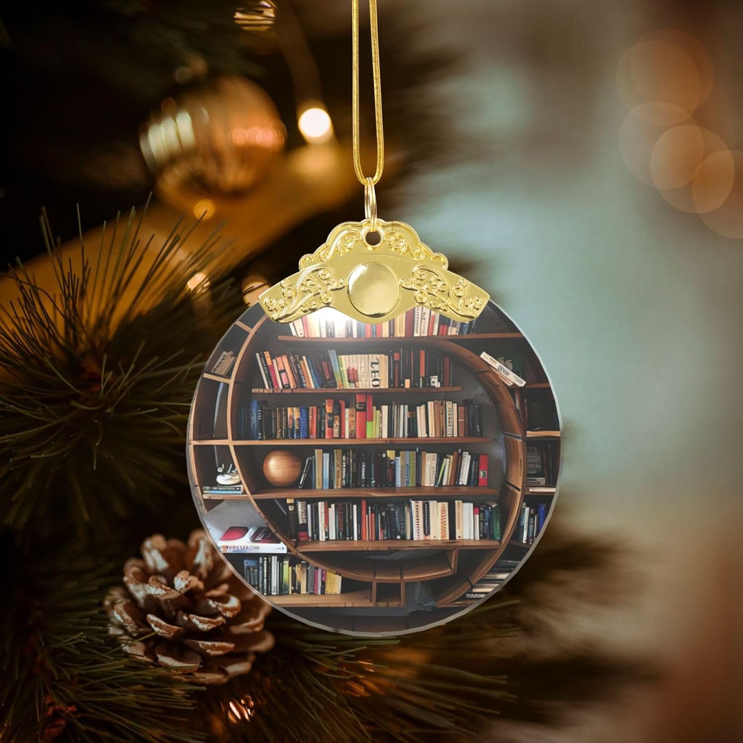 Funny Book Shelves Collection and Ladder Print Clear Glass Round Pendant with Chain,Indoor Use Decorative Pendant,Creative Decoration