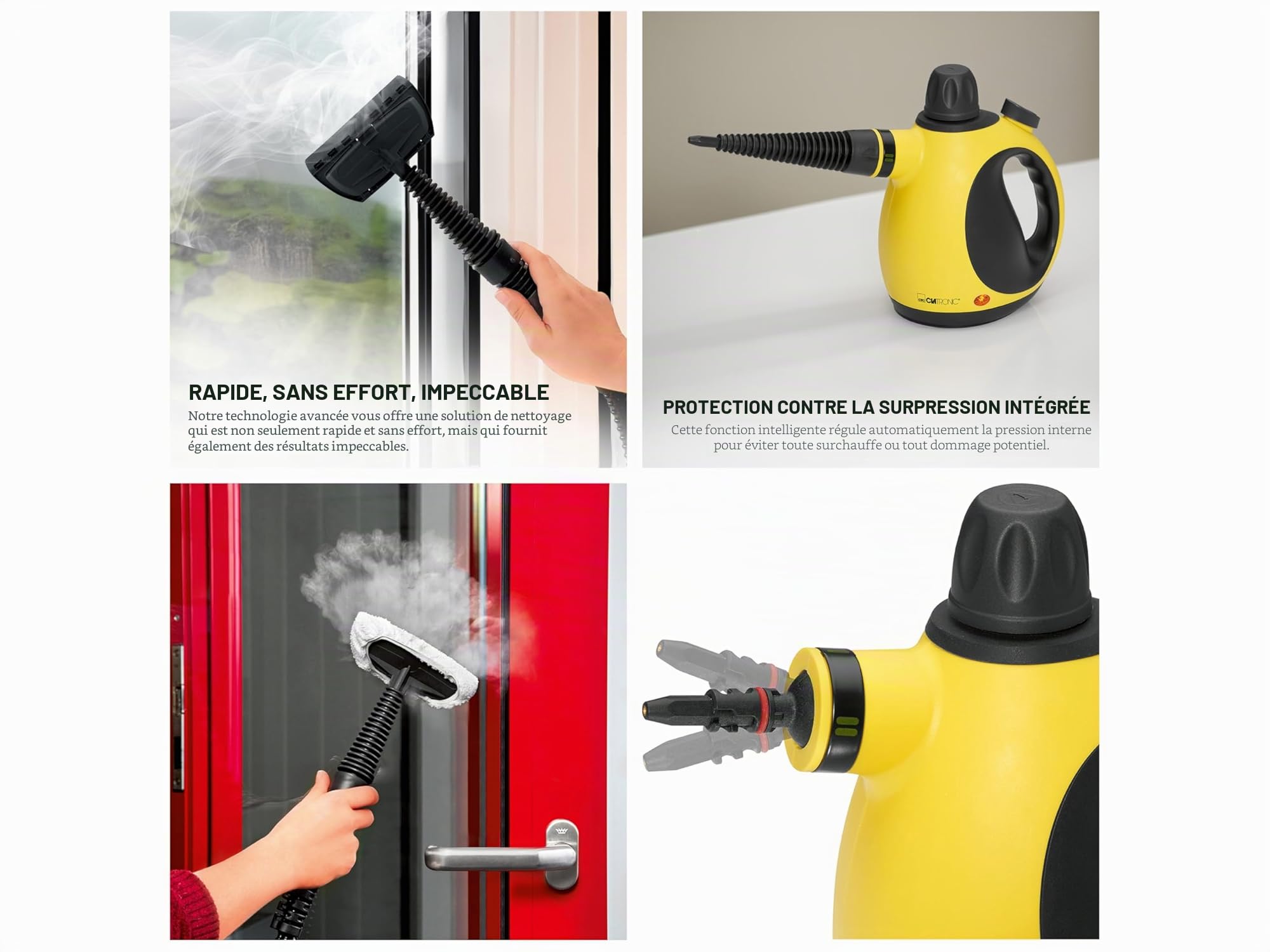 Clatronic Nettoyeur à vapeur - nettoie, dégraisse & désinfecte | Pression de vapeur 3,5 bar maxi | Steam Cleaner avec buse vapeur orientable à 360° & 5m de câble | 9 accessoires inclus| 1050W |DR 3653