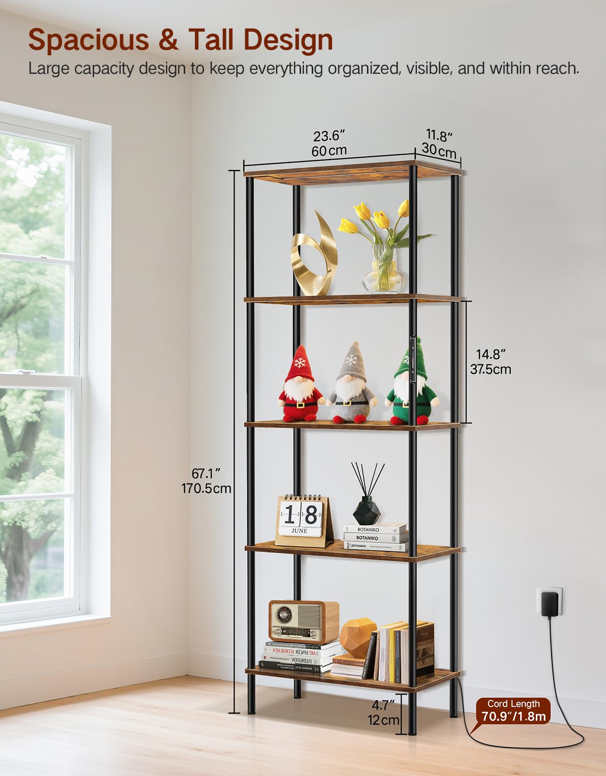 Libreria a 5 Ripiani con Luce LED, Scaffale in Legno 60 x 30 x 170 cm, Dimmerabile con Touch e Telecomando, Libreria Verticale Salvaspazio per Soggiorno, Camera da Letto, Ufficio