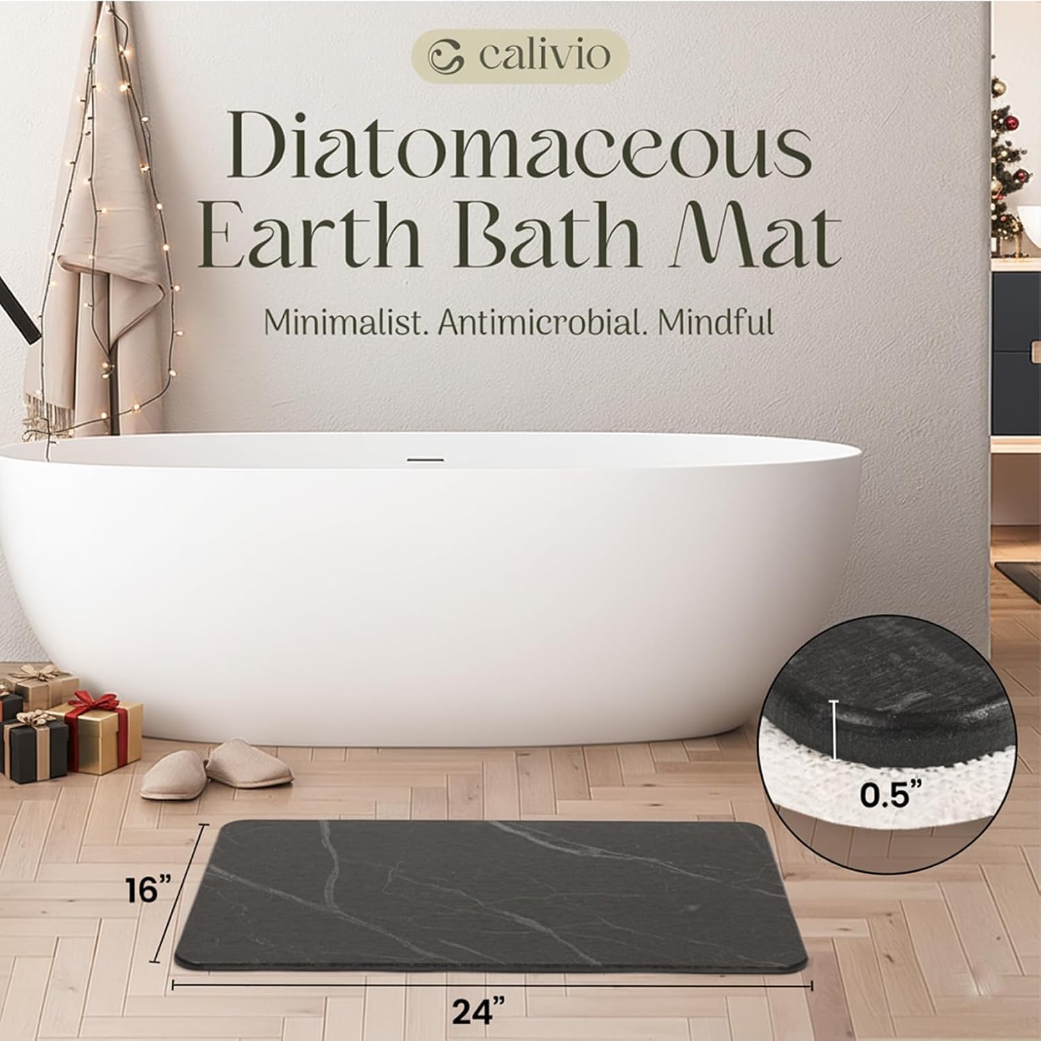 Quick Dry Shower Stone Bath Mat, Super Absorbent & Non-Slip 24 x 16 Inch Diatomaceous Earth Mat, Durable & Easy to Clean Diatomite Bath Mat for Bathroom Floor/Kitchen (Dark Gray)