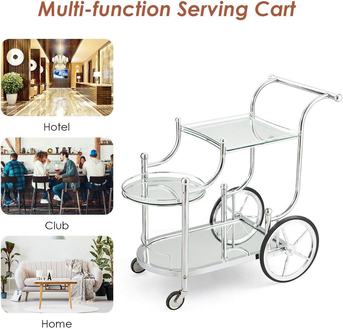 Tangkula Rolling Bar Cart, Metal Serving Cart with Tempered Glass, 3-Tier Glass Bar and Serving Cart, Tea Serving Bar Cart with 4 Wheels, Suitable for Restaurant, Hotel, Home (Silver) - Bar & Serving Carts