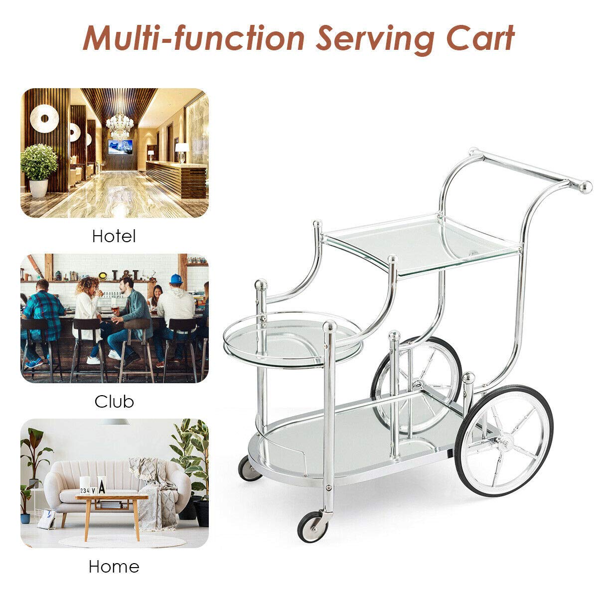 Tangkula Rolling Bar Cart, Metal Serving Cart with Tempered Glass, 3