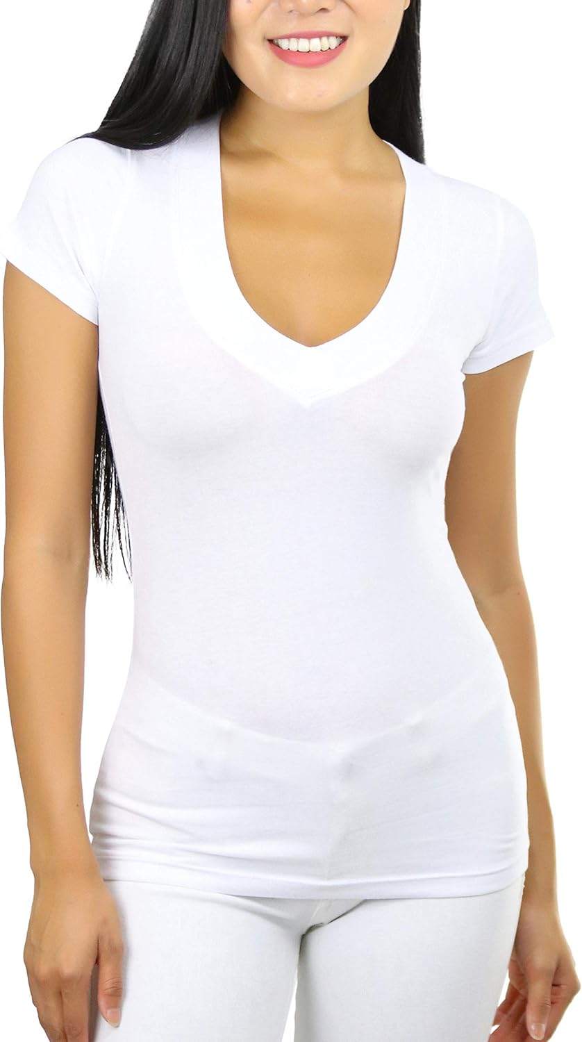 ToBeInStyle Women's Basic Short Sleeve Wide Band V-Neck Tee