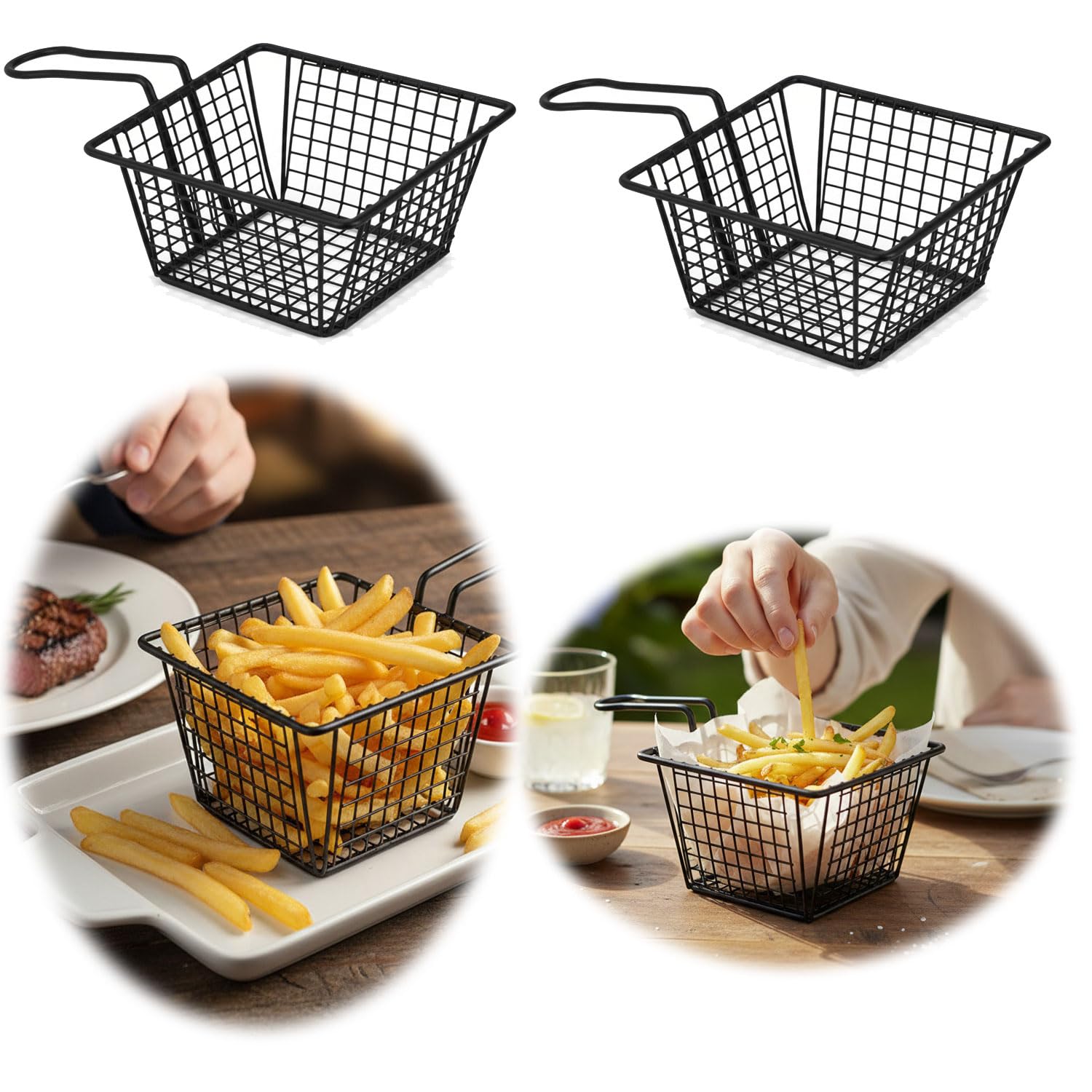 LS-LebenStil 2x Pommes-Korb Servierkorb Frittierkorb für Pommes mit Griff 2´er Set Schwarz 22x13x8cm Quadratisch dickes Servierkörbchen zum Servieren Präsentieren von Speisen Zwiebelringe Garnelen