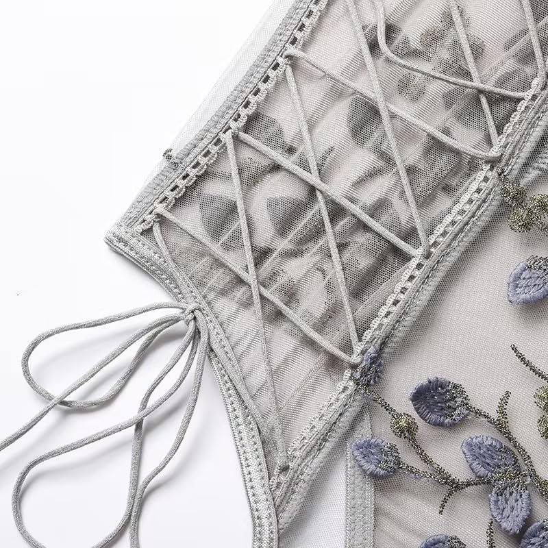 Lilosy Women Sexy Lace Up Floral Embroidered Teddy Lingerie Bodysuit Top Mesh Sheer One Piece: 3X-Large Grey