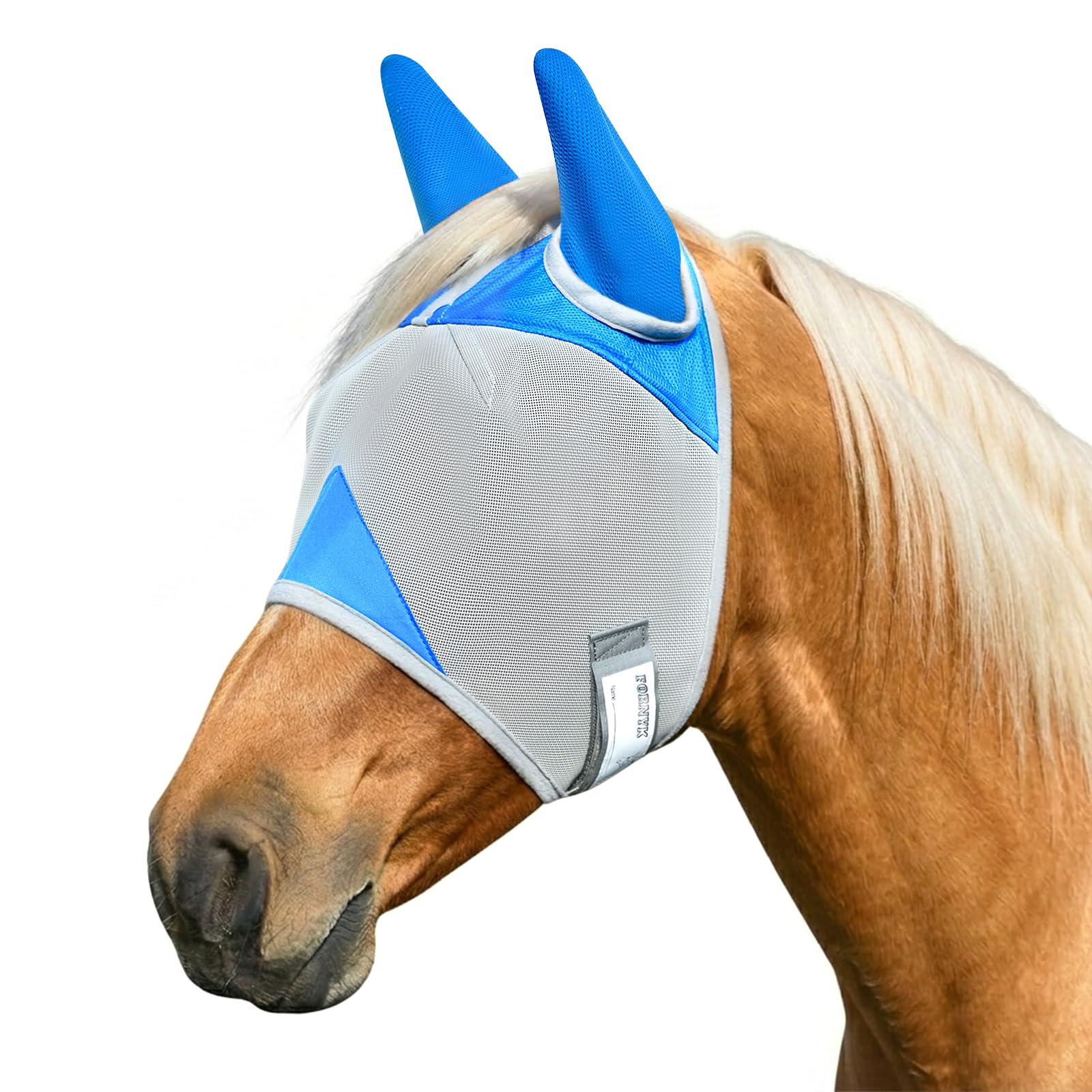 Maschera antimosche per cavalli, regolabile, con orecchie, traspirante e 70% di protezione UV, rete confortevole senza copertura per il naso, accessori per cavalli (grigio, blu, L)