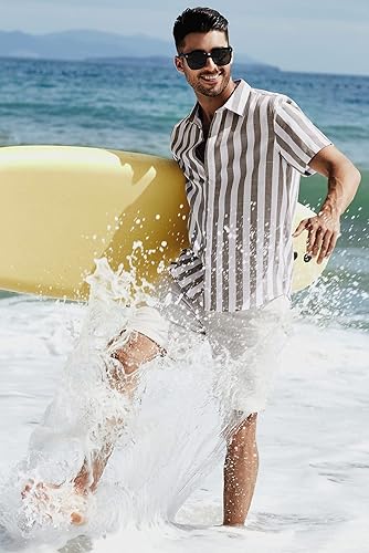 Miniatura 94 de JMIERR Camisas de vestir a rayas con botones y manga corta para hombre