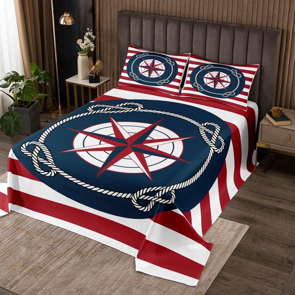 Juego de colcha con brújula para niños, tamaño King, diseño de pirata, mar, aventura, ancla marina, colcha acolchada para mujeres y hombres, decoración de habitación