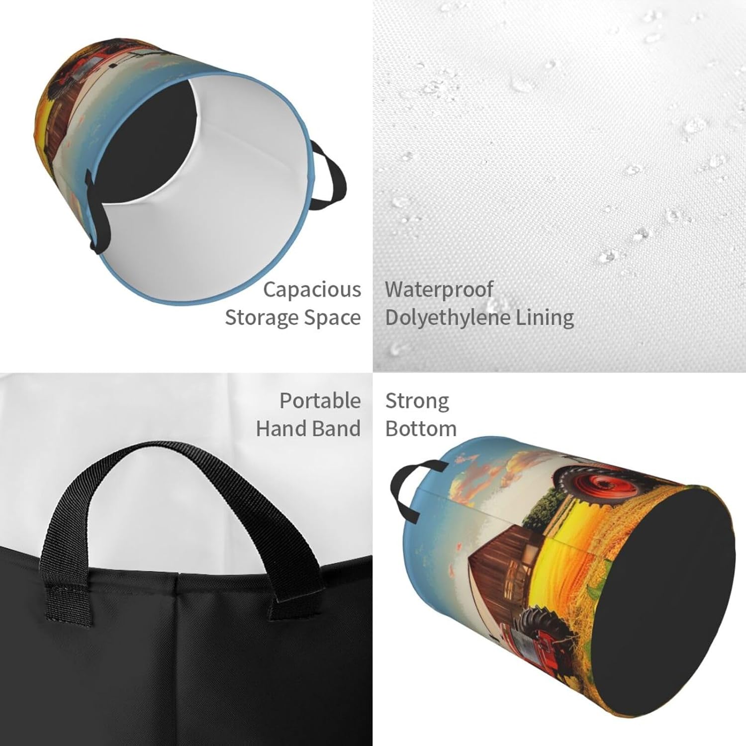 Company Farm Tractor Printed Circular Laundry Basket, Foldable Oxford Cloth Tote Bag Laundry Hamper, Toy Organizer, For Bathroo/Laundry Storage/Bedroom Storage/Medium