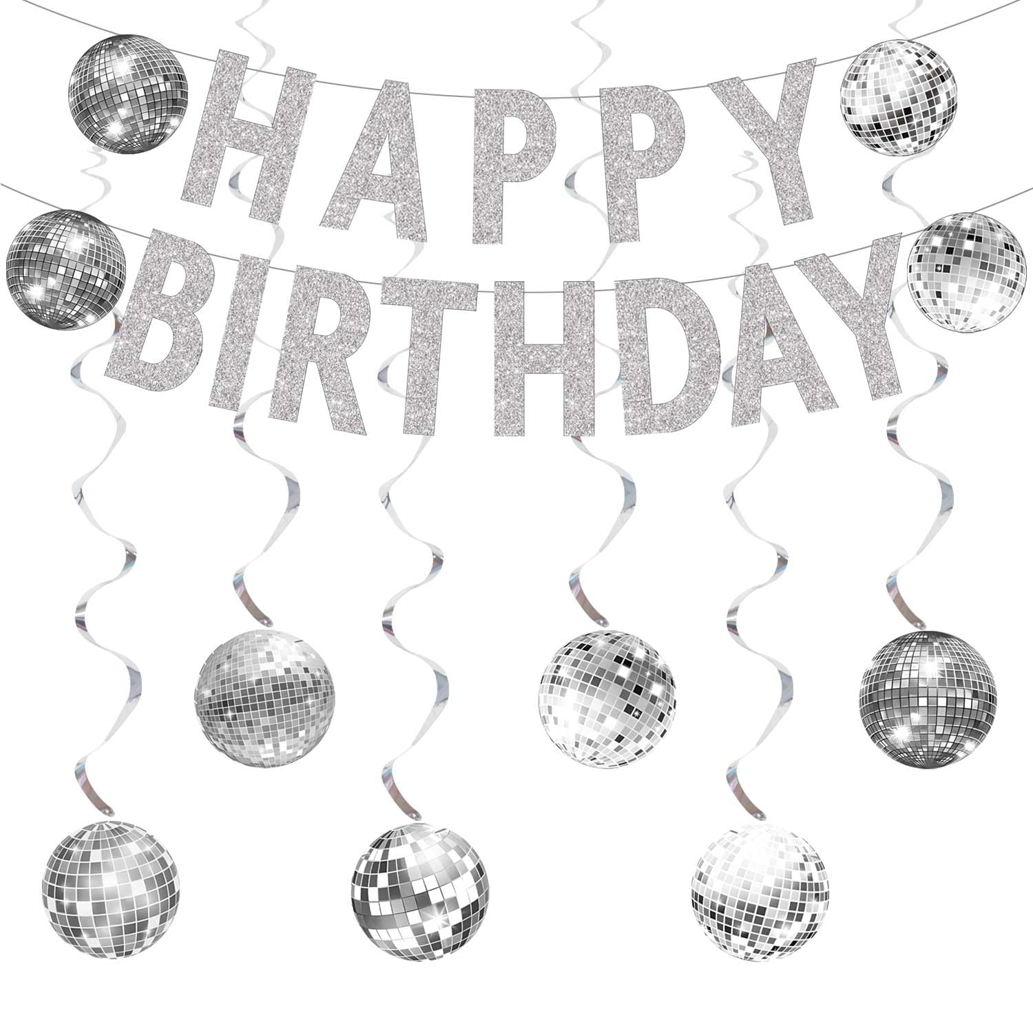 Disco Ball Birthday Party Decorations, Disco Happy Birthday Banner Silver Disco Ball Hanging Swirls for Retro Disco Garland Party 1970s Birthday Party Hippie Cutouts Favors Supplies