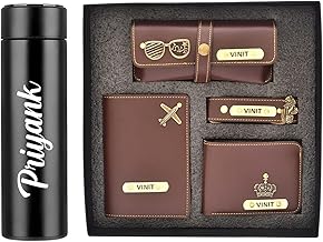 YOUR GIFT STUDIO Customized Leather 5 Pcs Gift Set | Personalized Birthday Gift for Men, Brother, Father, Husband with Name Engrave | Customized Gift Hamper Brown