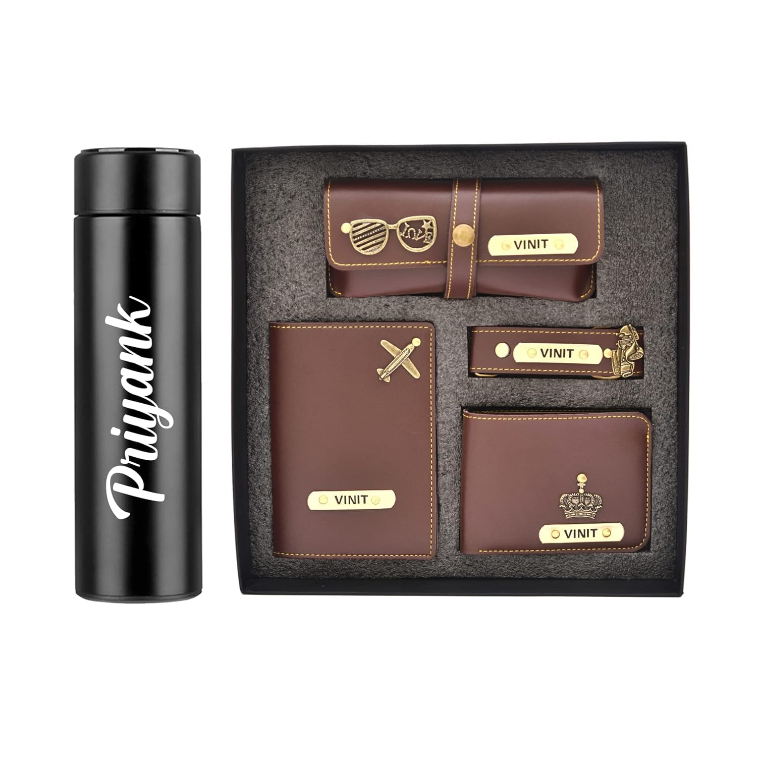 Customized Leather 5 Pcs Gift Set for Men | Personalised Birthday Gift for Men, Brother, Father, Husband with Name Engrave | Customized Gift Hamper for Him (Brown)