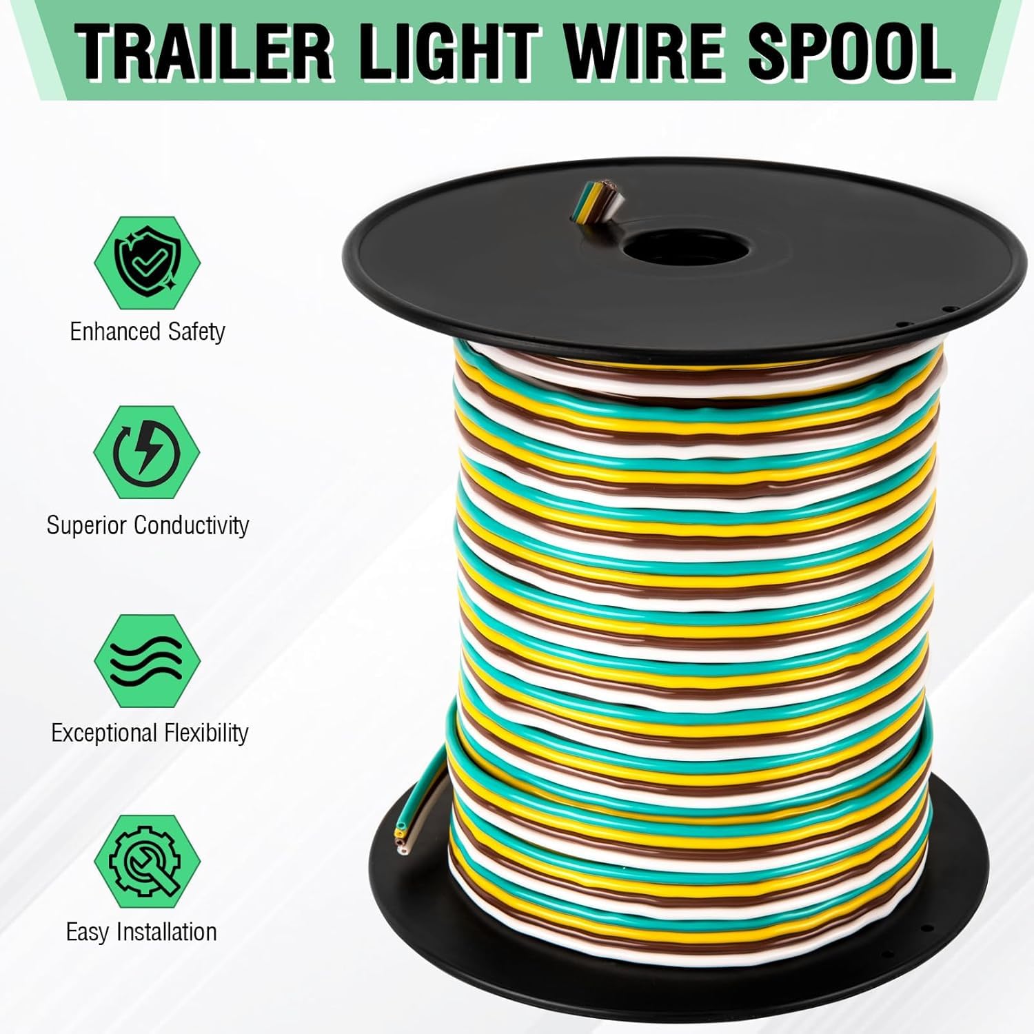 Carrete de cableado para remolque de barco de 100 pies, cable de luz de remolque CCA para todos los remolques de cableado básicos (4 vías, calibre 100 pies-14)