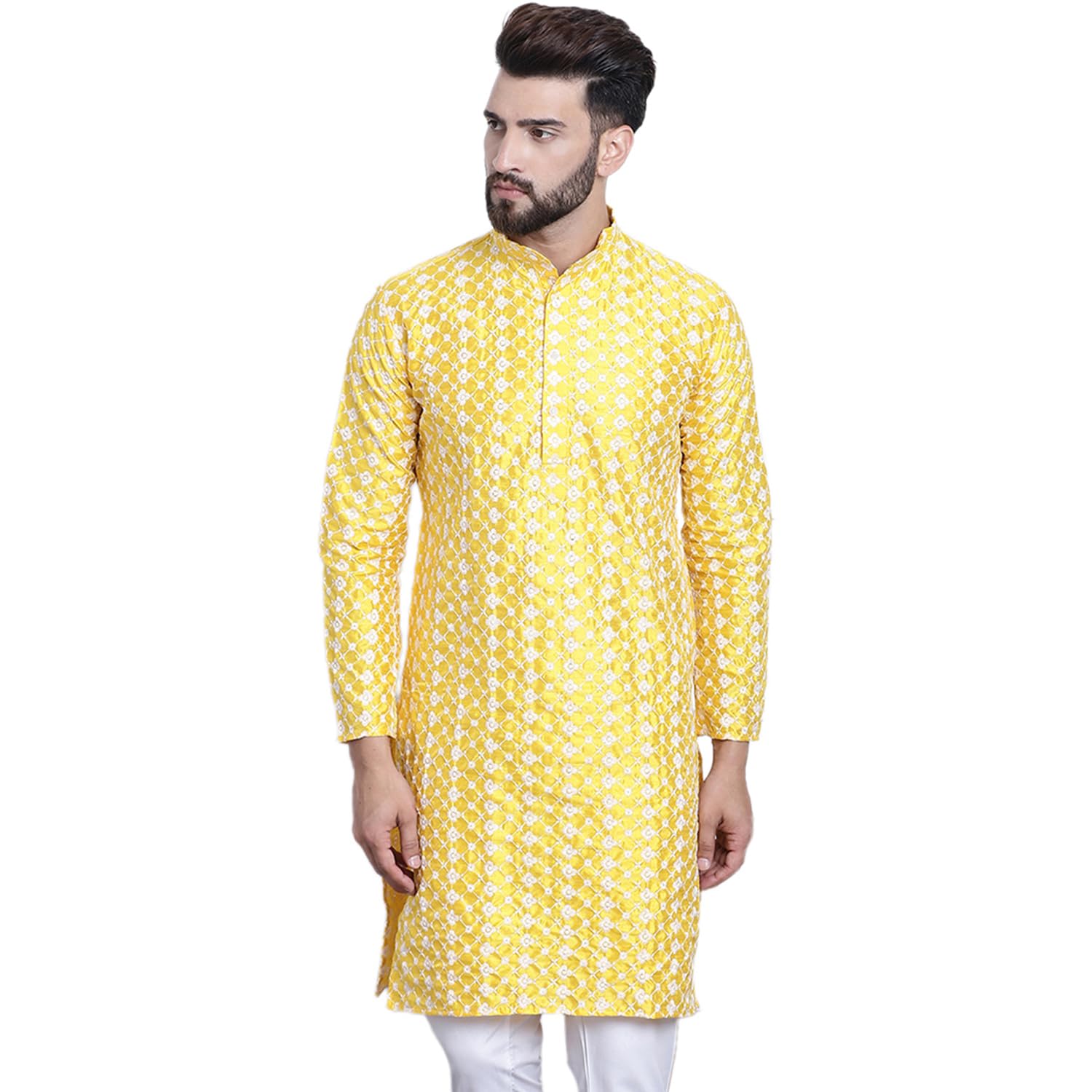 Sojanya (Since 1958 Men's Silk Blend Yellow Embroidered Only Long Kurta