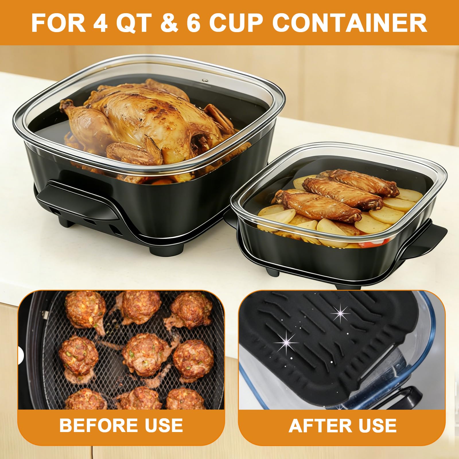 VINATO Set de Accesorios para Ninja Crispi, 4 Piezas Accesorios para Air Fryer, con Láminas de Silicona (3.8L & 1.4L), Tapa Antigrasa y Base Protectora, Compatible con FN101