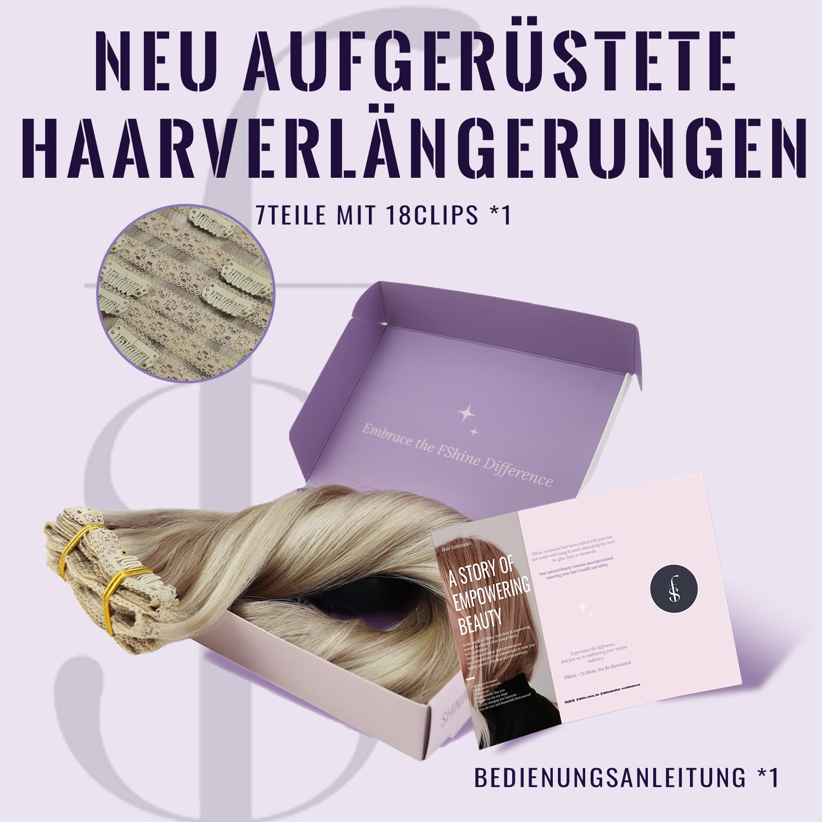 Echthaar Extensions Clip, Aschblond mit Platinblonden Strähnen, 45 cm, 120 g 7 Stücke, Unsichtbares Design, Clip Extensions Echthaar, Farbe 18P613