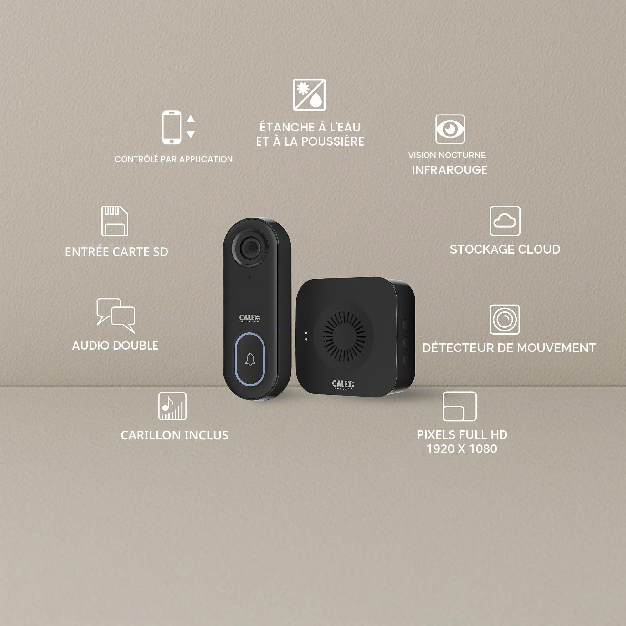 CALEX Sonnette vidéo de sécurité Intelligente Full HD 1080p avec contrôle par Application, Audio bidirectionnel, Vision Nocturne, détection de Mouvement, Stockage Cloud et SD, étanche, Comprend Un