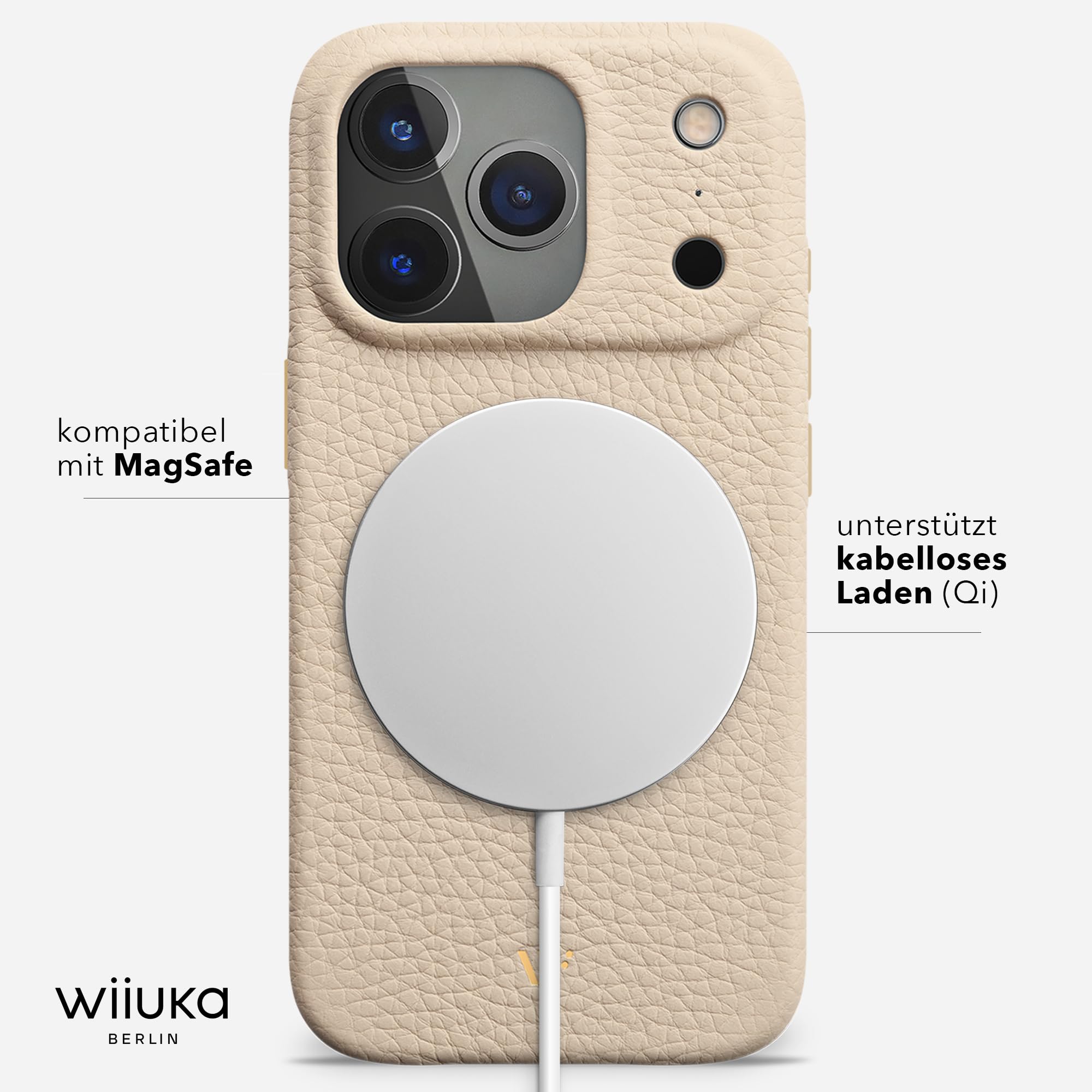 WIIUKA Funda para iPhone 17 Pro, piel de Alemania, funda de piel extra fina, funda premium para teléfono móvil, funda Qi, skiin, beige crema