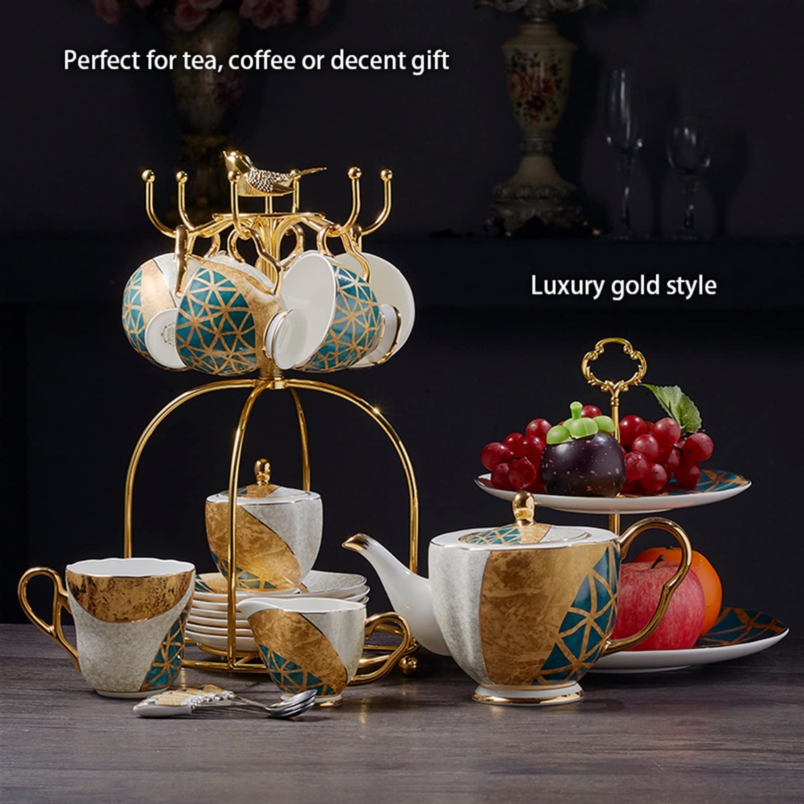 Luxus Bone China Kaffee Set Gold Inlay Porzellan Tee Set Topf Tasse Keramik Becher Zucker Schüssel Creamer Teekanne Milch Krug kaffeegeschirr (Color : 16pcs Set)