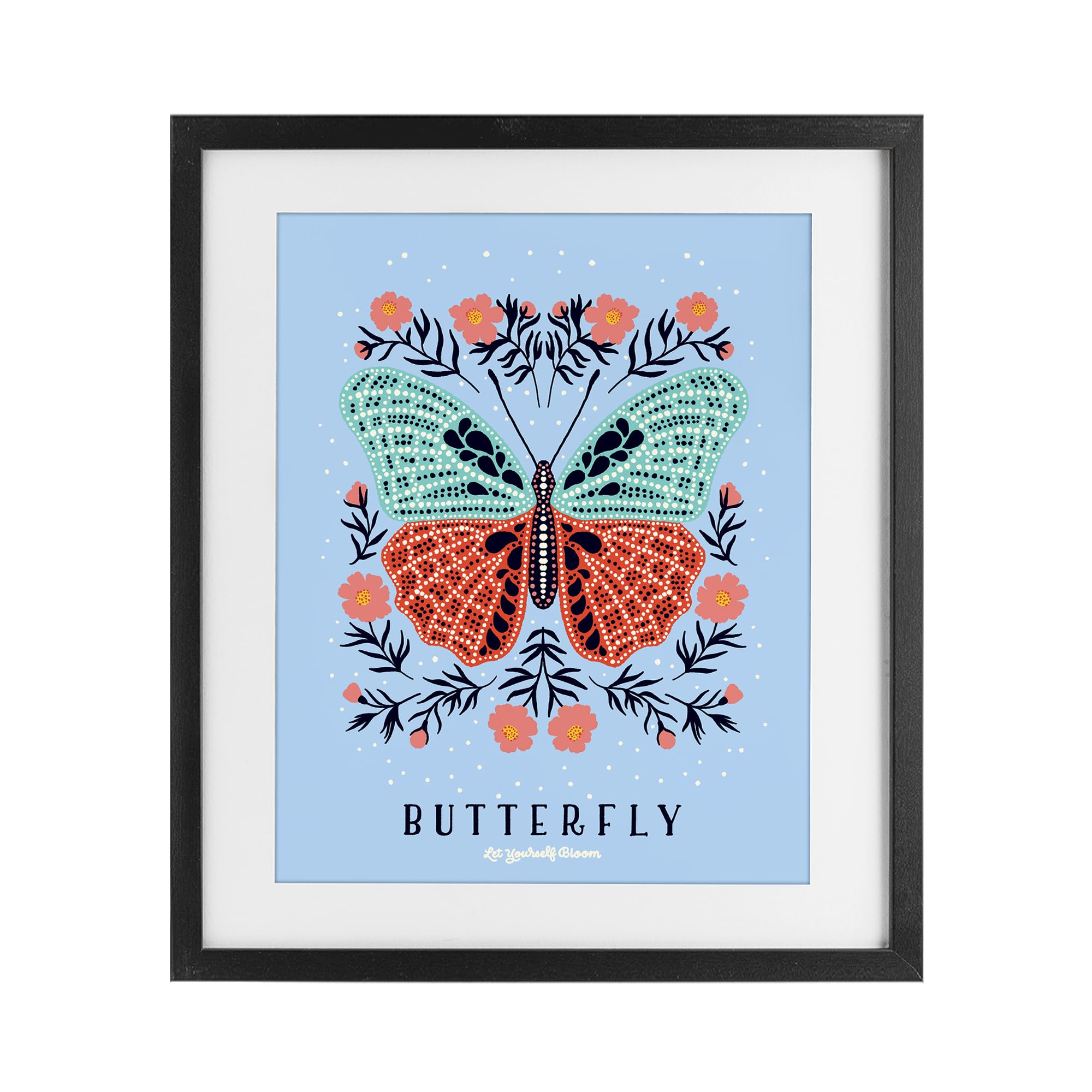 Stupell Industries Midnight Black (Textured) 'Butterfly Symmetry On Blue'| Framed Print Under Glass