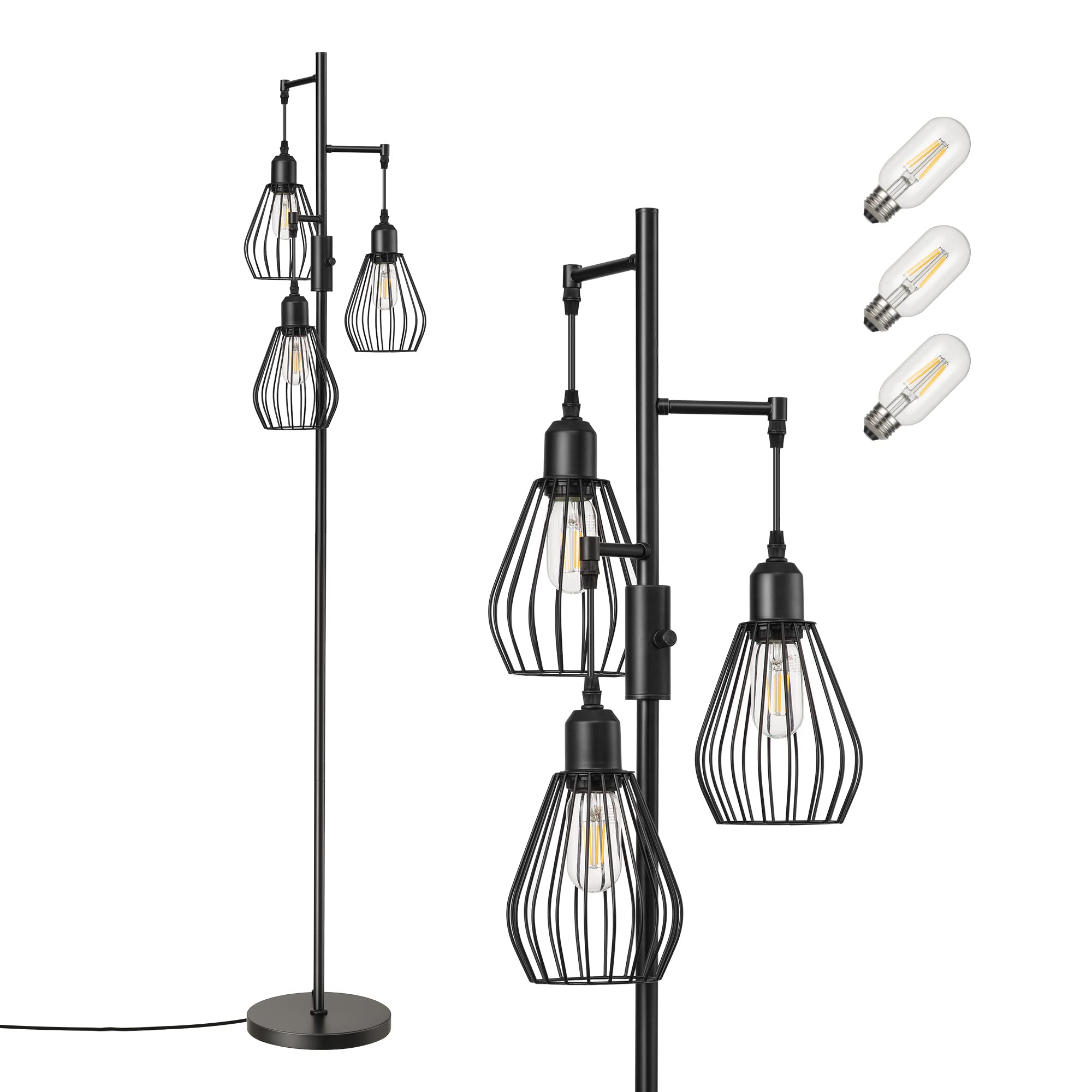 EDISHINE Stehlampe Wohnzimmer, 3-flammige Stehleuchte Dimmbar mit E27 LED-Glühbirnen, Käfig Lampenschirm aus Metall, 2700K warmweiß, Industrial Standleuchte für Schlafzimmer und Büro, 166 cm, Schwarz