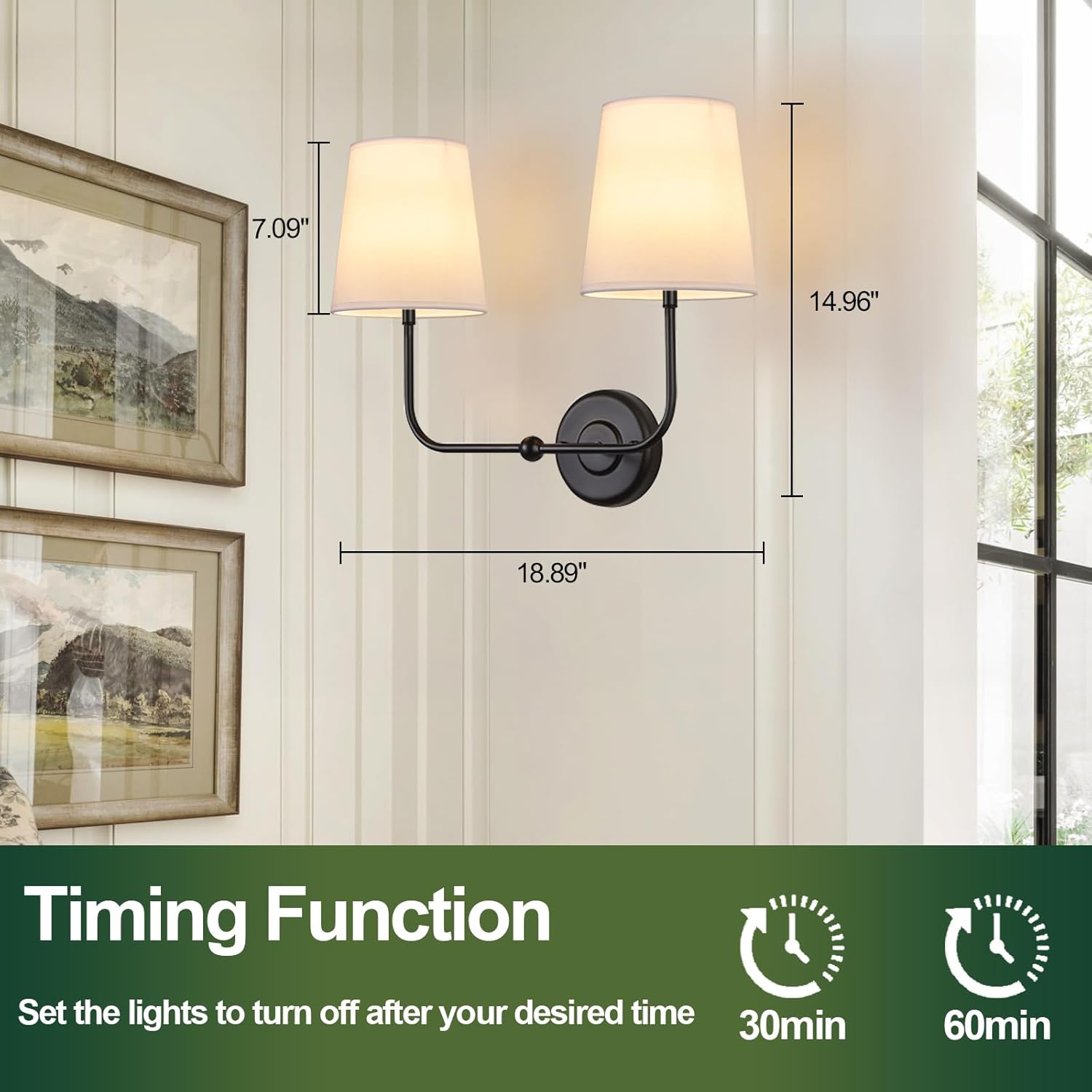 TERLEENART Battery Operated Double Wall Sconce, Cordless Rechargeable Battery Powered 2-Lights Fabric Sconces with Remote Control,Dimmable Sconce Wall Decor Lights for Vanity,Bedroom, Living Room