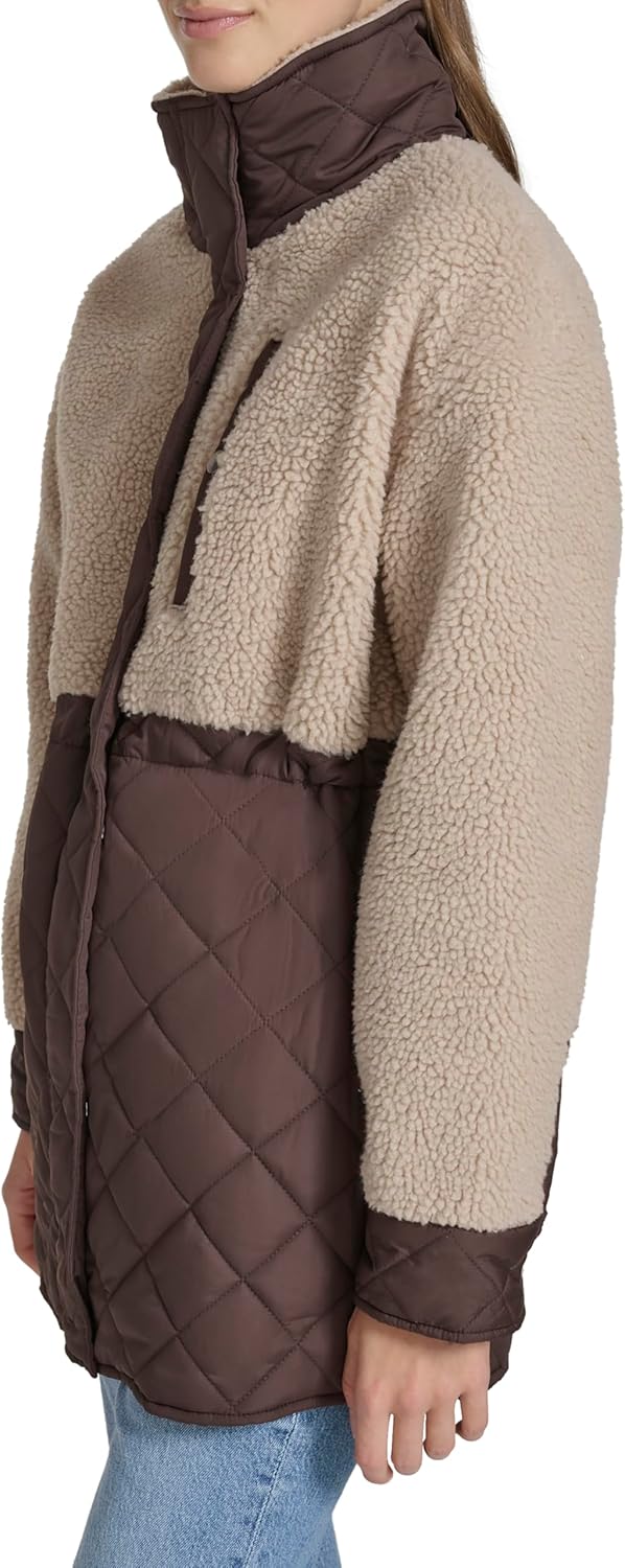 Andrew Marc womens Mixed Media Tunic Length Faux Sherpa Jacket - Image 3