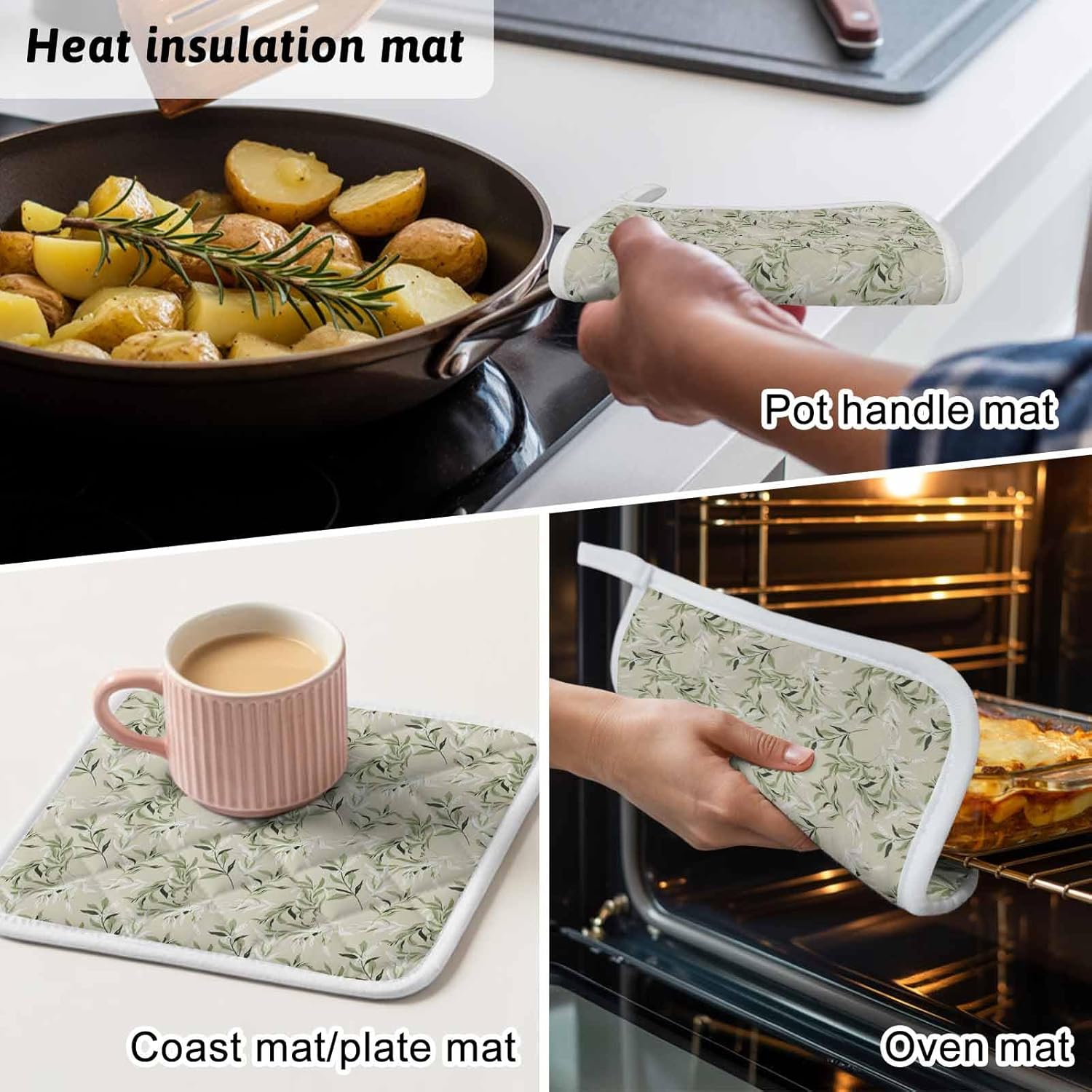 5 Pack Pot Holders for Kitchen, Green Eucalyptus Leaves Hot Pads for Kitchen Countertops Oven Pot Holder Bulk, Spring Watercolor Plant Textured Heat Insulation Potholders with Hanging Loops