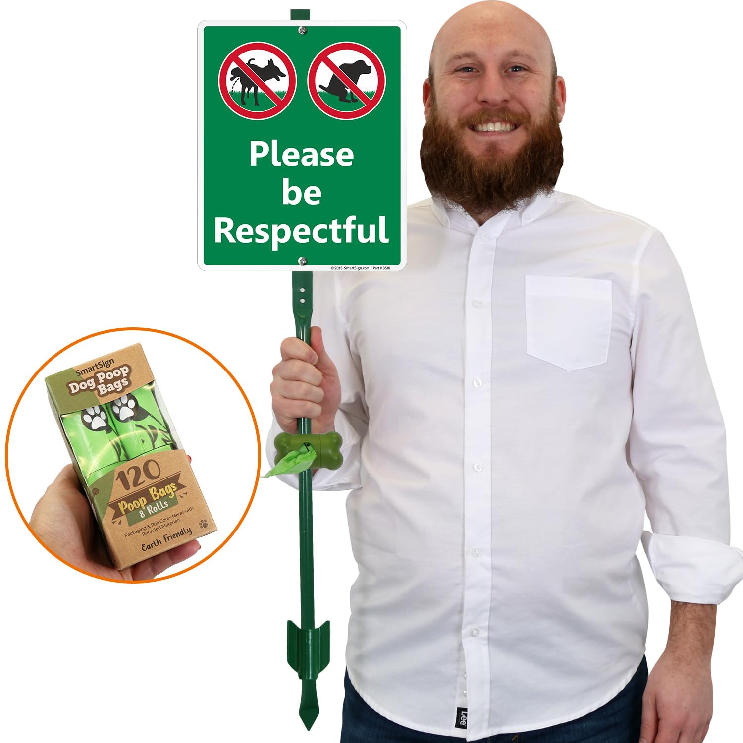 SmartSign Please Be Respectful Yard Sign & Clip-On Preloaded Dispenser Combo/Kit with 135 Dog Poop Waste Bags, 10