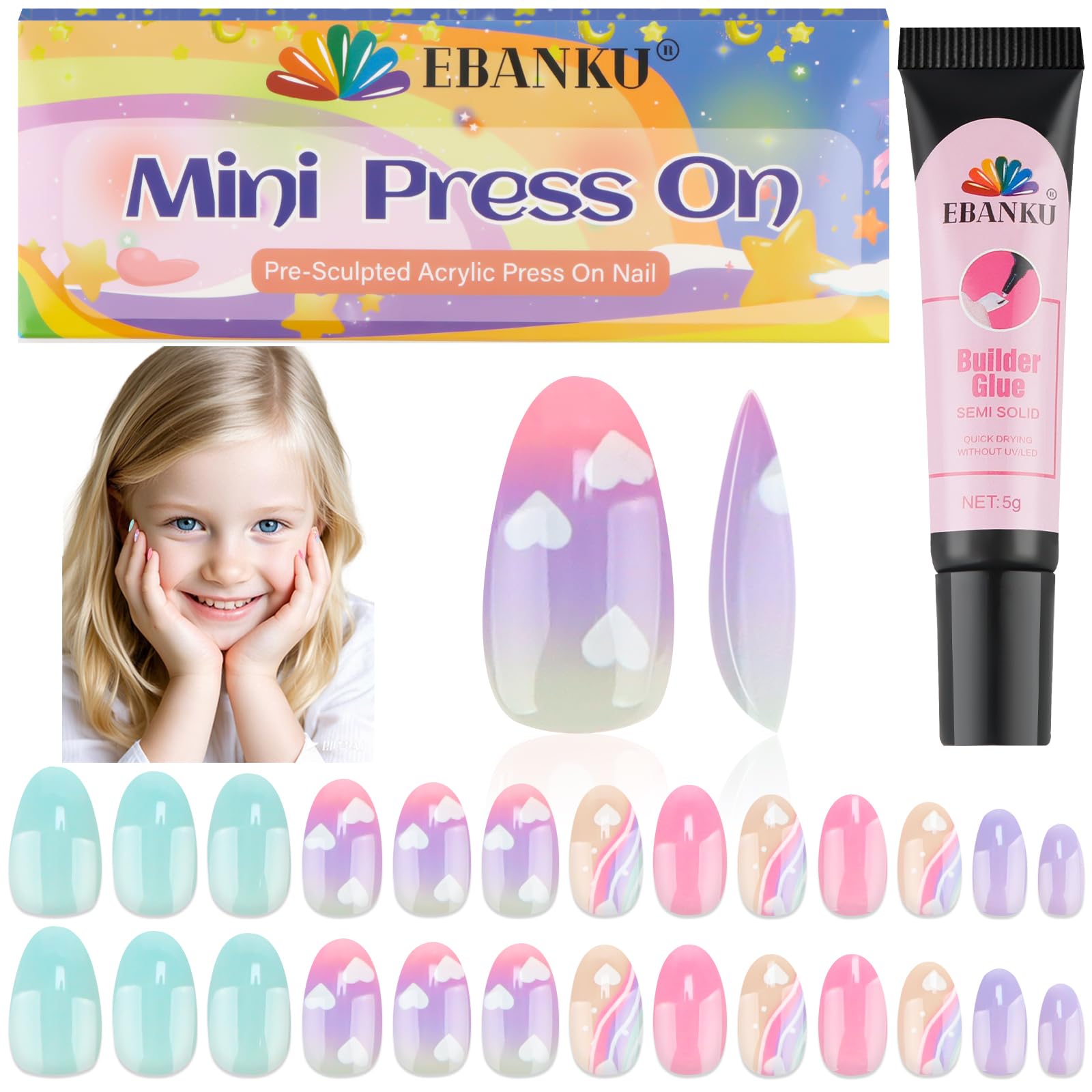 EBANKU 1 Pack Kid Fake Nail Kit, 26 Pieces Press on Nails for Kids Colorful Press on Nail Short Artificial False Nail Kits for Kids Girls