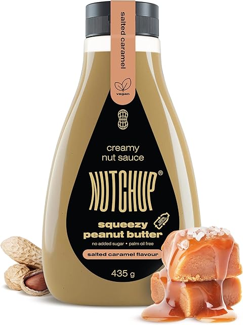 NUTCHUP | Pierwsze wyciskane masło orzechowe nabite w butelkę | Kremowa polewa orzekowa | Butelka 435g (Słony Karmel)