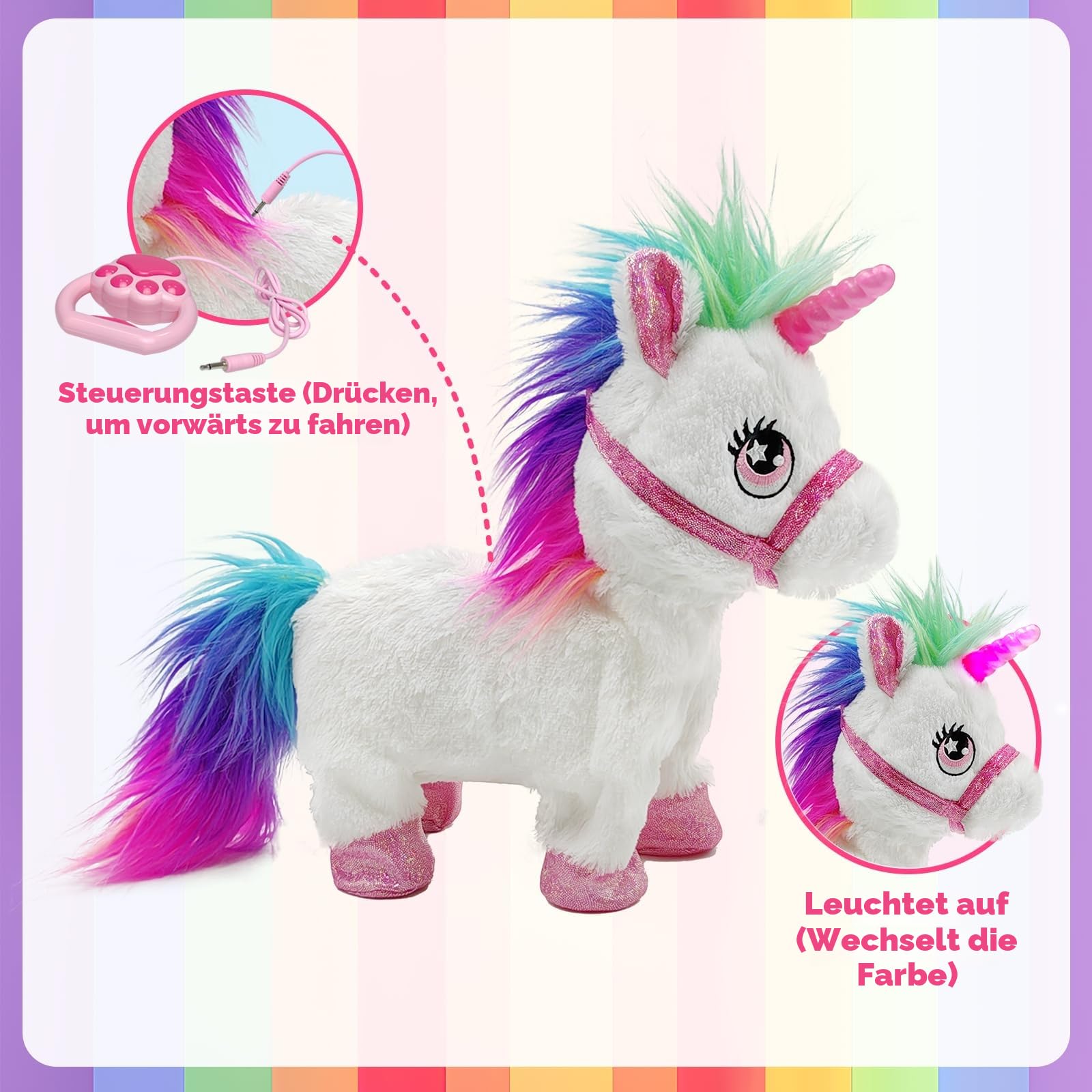 YH YUHUNG Laufendes Einhorn Spielzeug mit Leine, Interaktives Plüschtier Pony mit Licht & Sound, Elektronisches Haustier, Geschenk für Mädchen 3 4 5 6+ Jahre