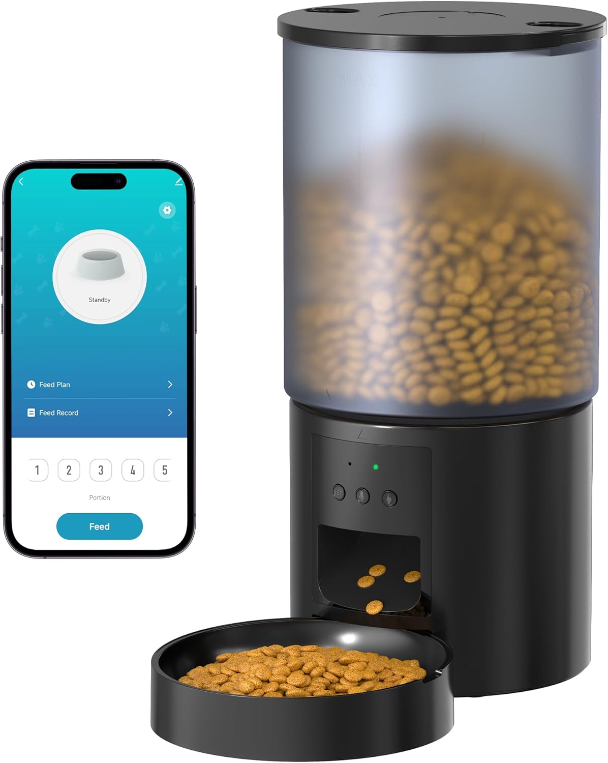 POOEKEN A90 pet feeder next to a smartphone displaying the feeder's control app interface.