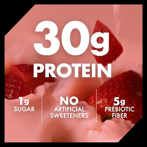 Oikos 30g Protein Shake, Strawberry, High Protein Drinks, Shelf Stable, Ready to Drink, 5g Prebiotic Fiber, 12 fl oz Bottle, 4 Count