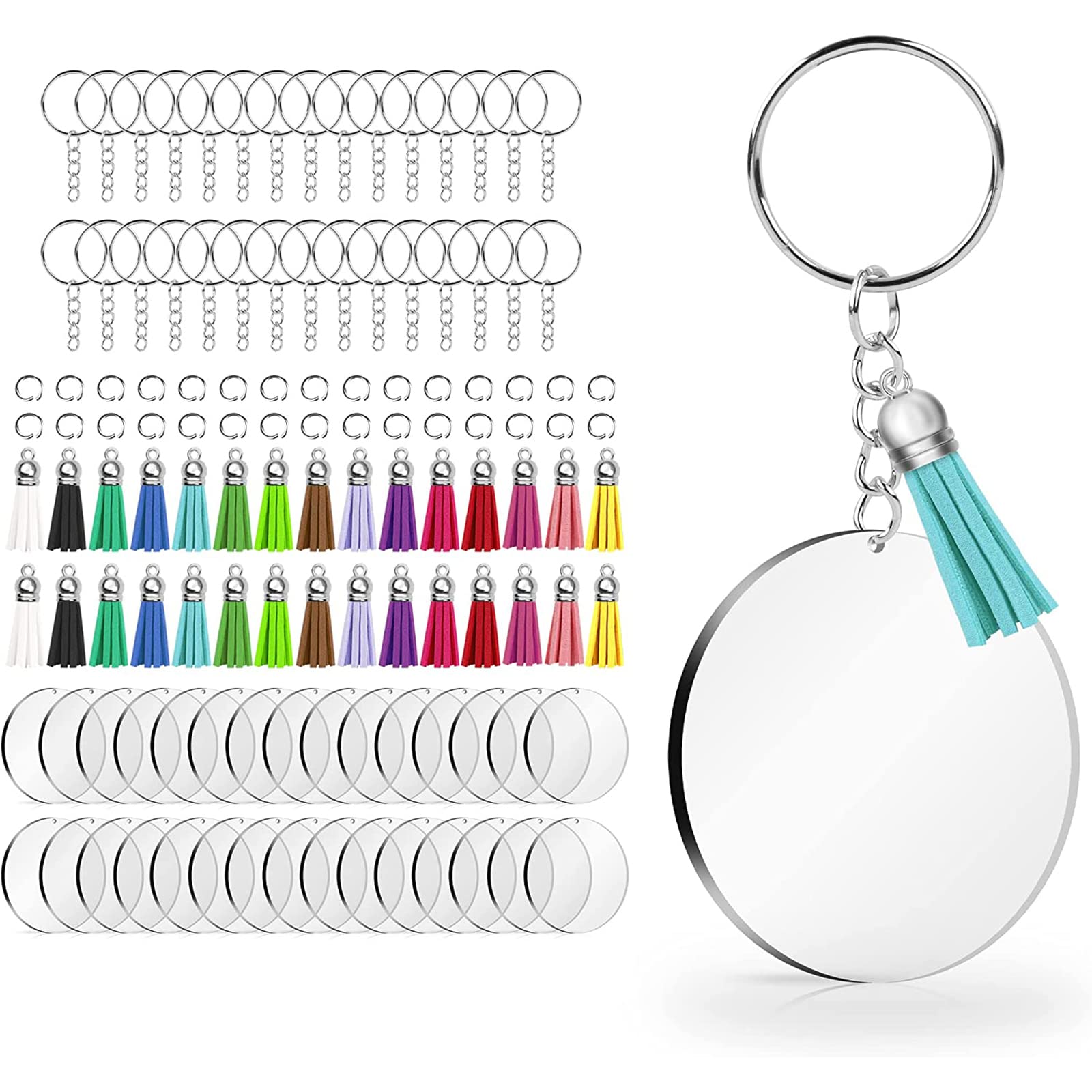 Acrylic Keychain Blanks, 120PCS Keychain Accessories for Craft for Vinyl Key, Acrylic Circle Blanks Keychain Tassels Bulk, Tassels Key Chain Rings, DIY Keychain Making Supplies (Silver Kits)