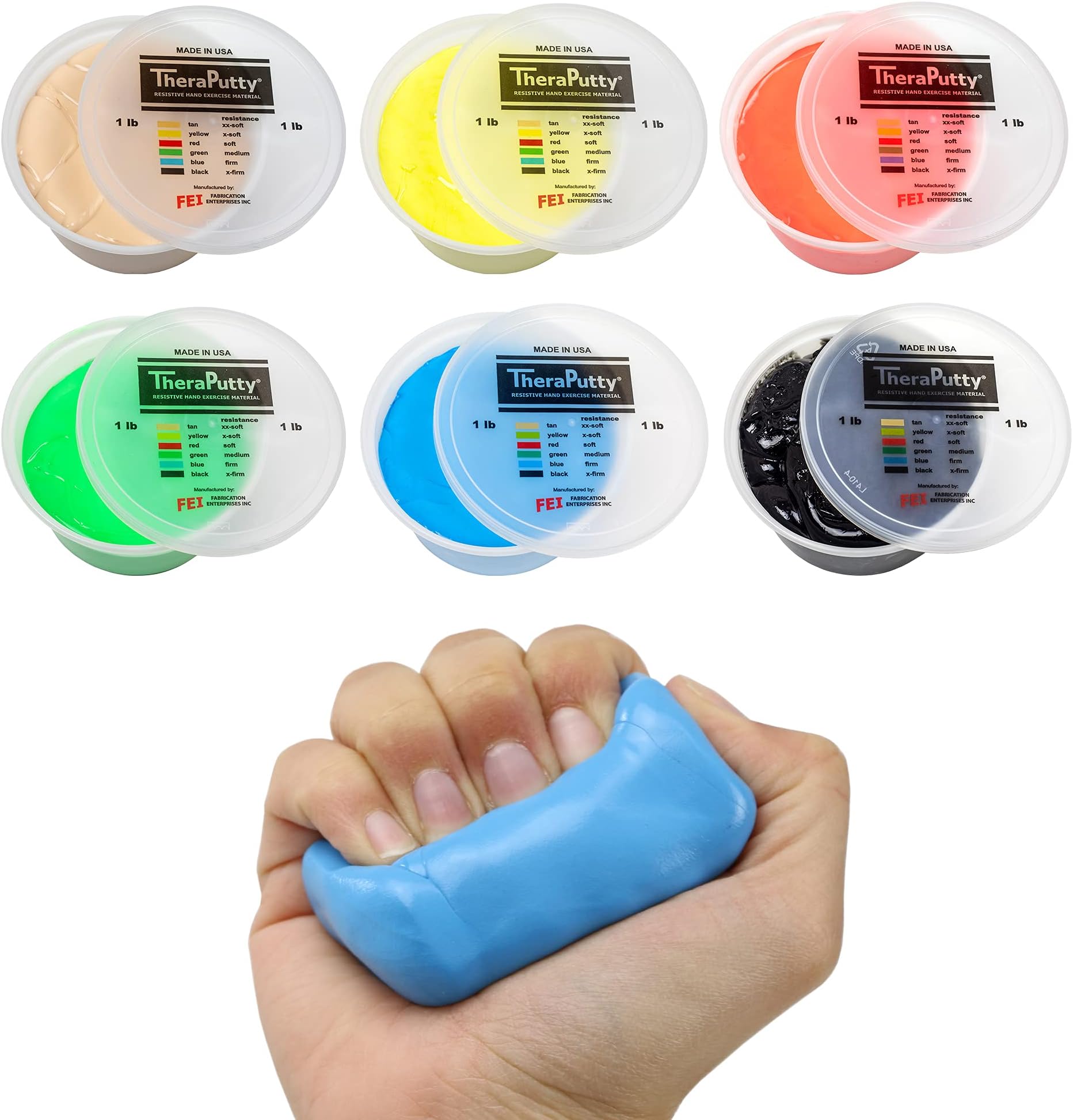 CanDo TheraPutty Standard Exercise Putty, 6 Piece Set (Tan, Yellow, Red, Green, Blue, Black), 1 lb