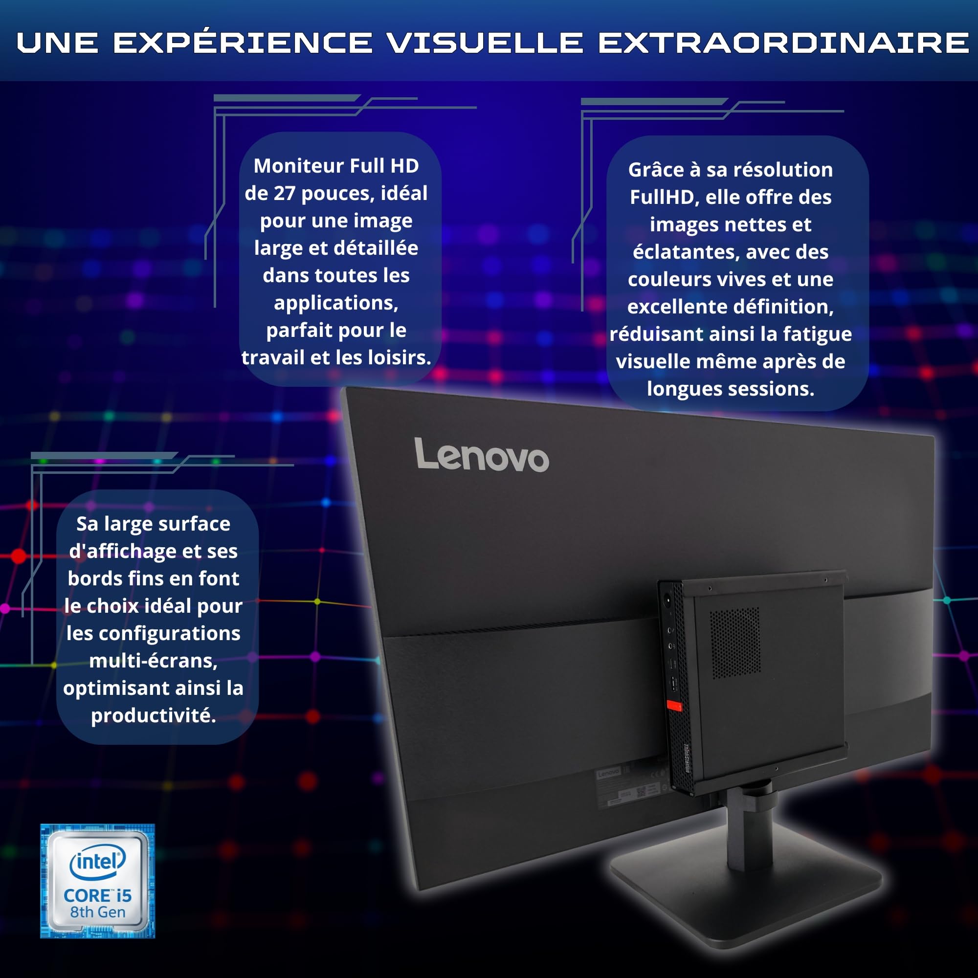 Lenovo Ordinateur Complet 27" i5 8500 16 Go RAM 1 Tera SSD Win 11 Pro Office 2021 Pro Garantie 36 Mois -c27-40